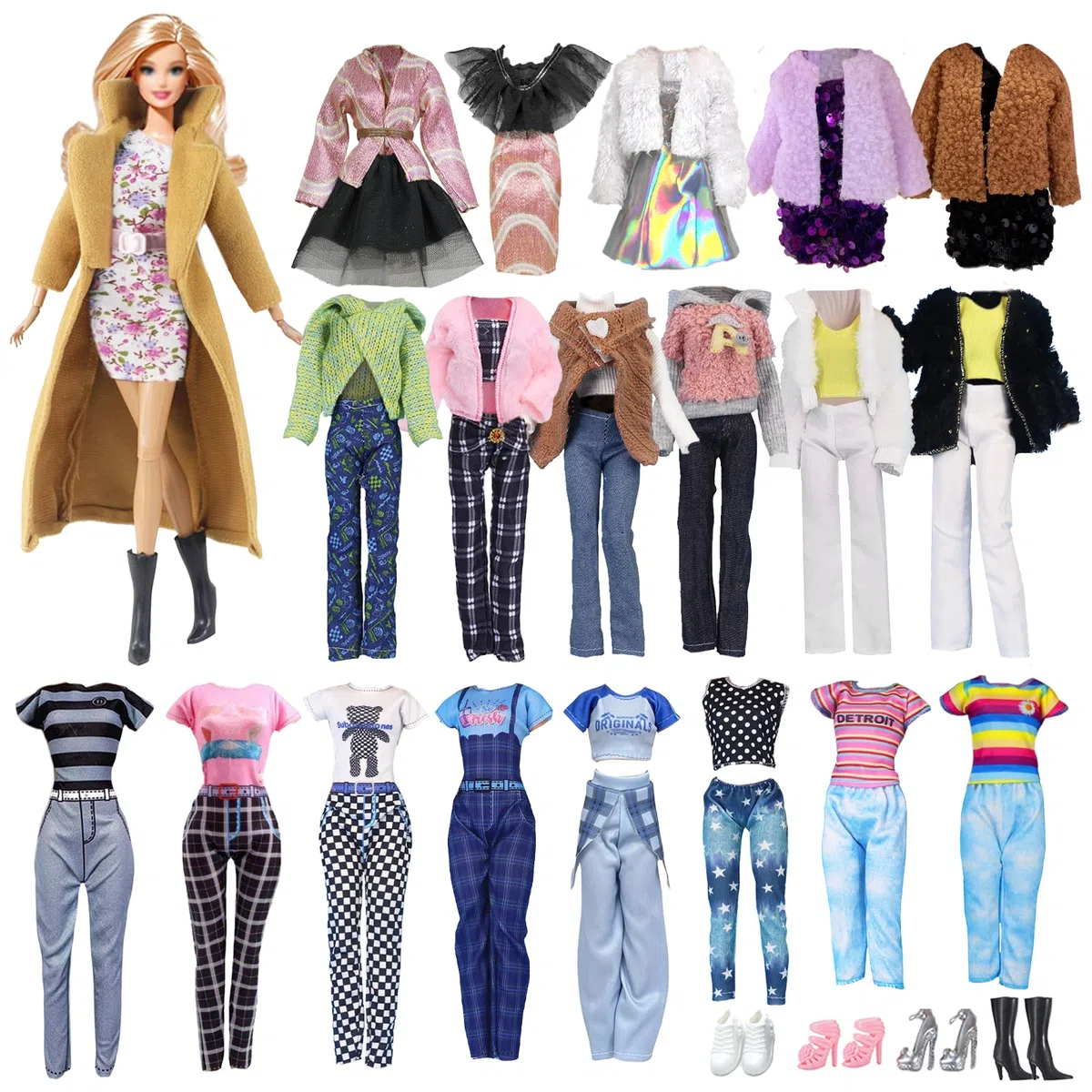 14 vestiti compatibili con Barbie 11,5 pollici bambole , 1 cappotto marrone 2 gonna 3 giacca 1 mezza gonna 1 gonna spalline 1 pantaloni 1 tuta 4 scarpe per bambole da 11,5 pollici casuale