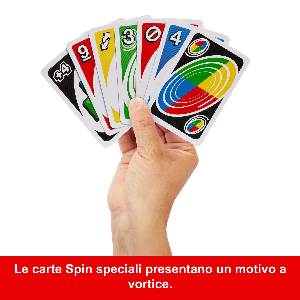 Mattel Games - UNO Spin, versione dell'iconico gioco con spinner e nuove regole, carte speciali per girare la ruota con diversi comandi, per serate di gioco, 7+ anni, JGR00