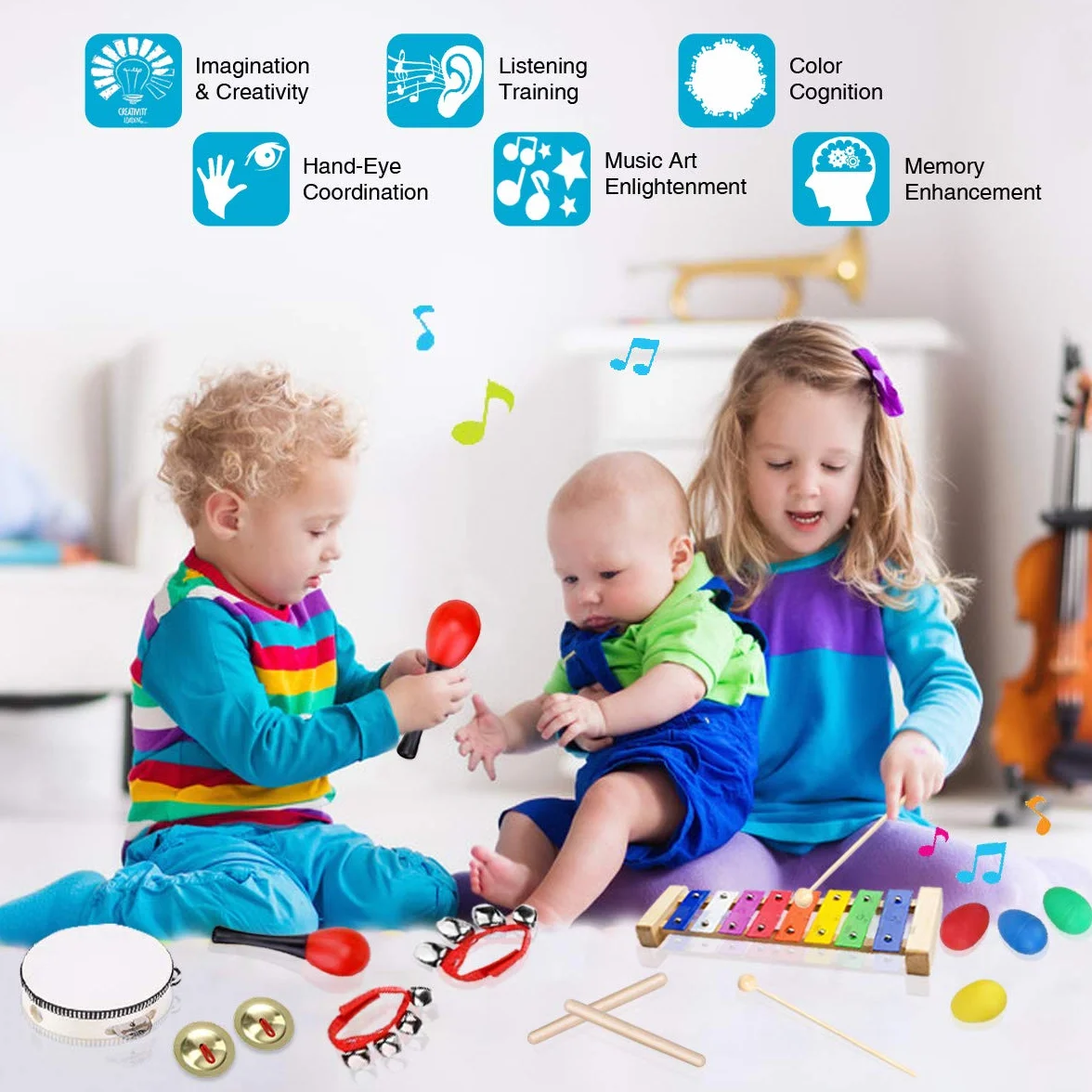 Strumenti Musicali per Bambini, Ulifeme 24 Pezzi Set Strumenti Musicali Percussioni Giocattolos in Legno, Giochi Musicali per Bambini, Regali Musicali Giocattoli con Una Borsa per il Trasporto