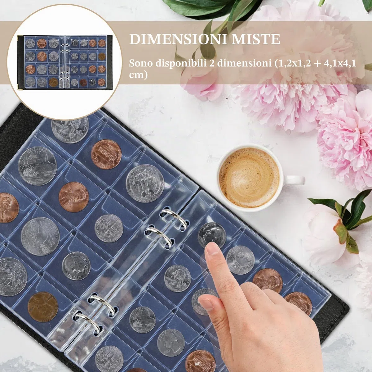 UMILKI 10 pagine/240 Tasche e 10 pagine/120 Tasche Album della Collezione di Monete, Due Misure 3x3cm e 4 * 4cm Album per Monete, Porta Monete da Collezione, Raccoglitore Monete con 400 Adesivi