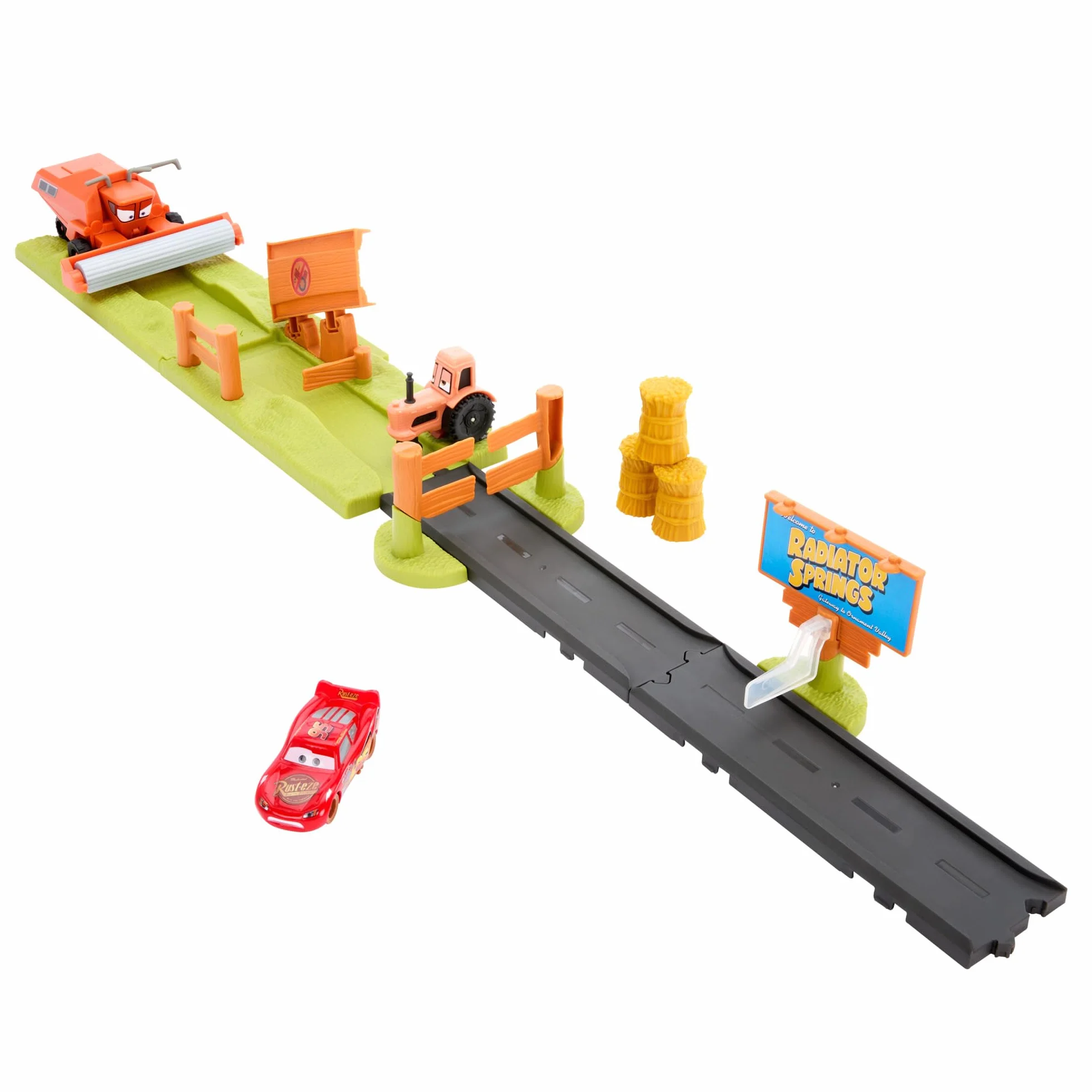 Mattel Disney e Pixar Cars Corsa Acrobatica in Fuga da Frank Playset con 3 veicoli giocattolo e 2 modalità di gioco, include Saetta McQueen, HRX48