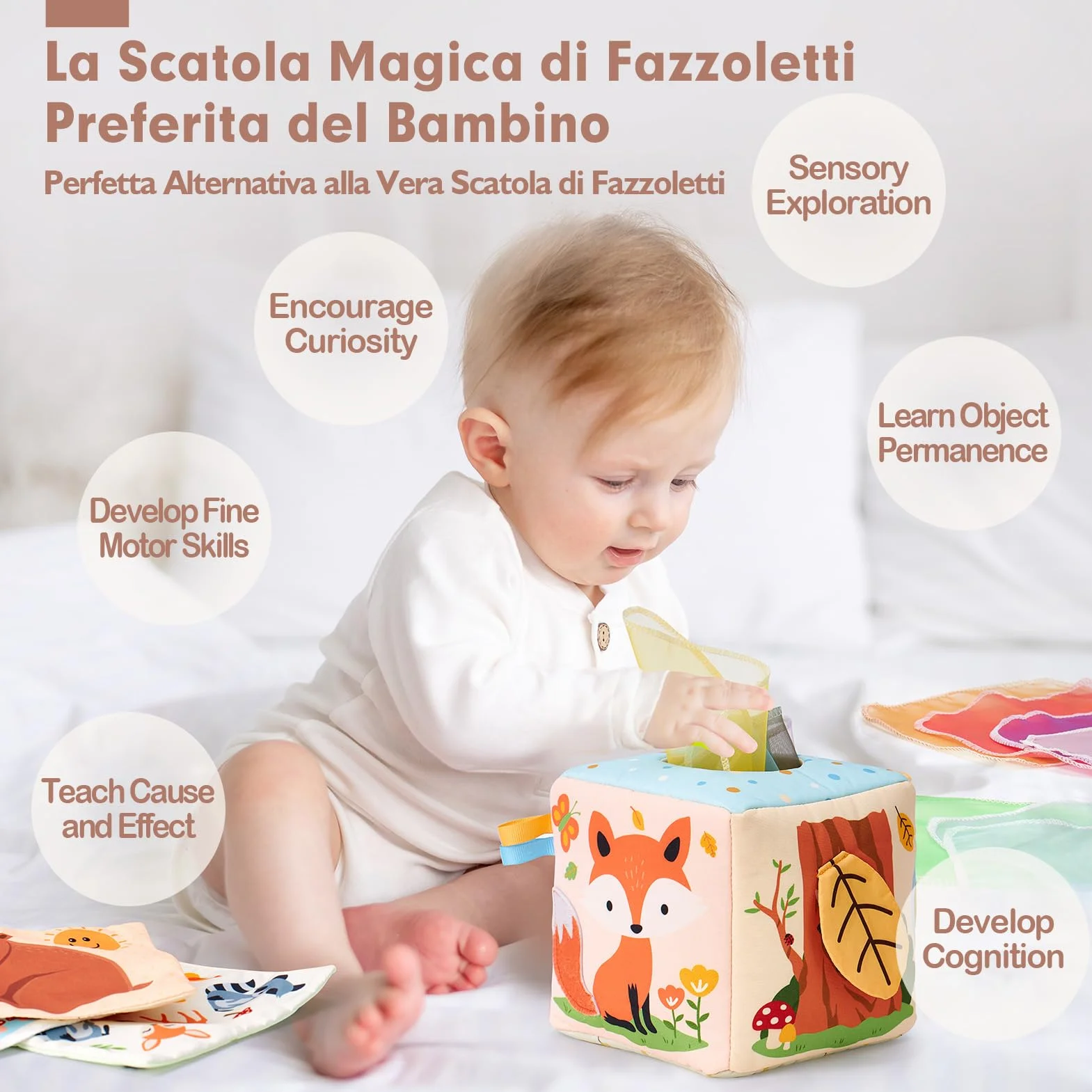 hahaland Scatola di Fazzoletti Montessori 3-6 Mesi, Giochi Neonati Sensoriali Scatoletta Interattiva in Tessuto e Specchio, Regalo Neonato Maschio