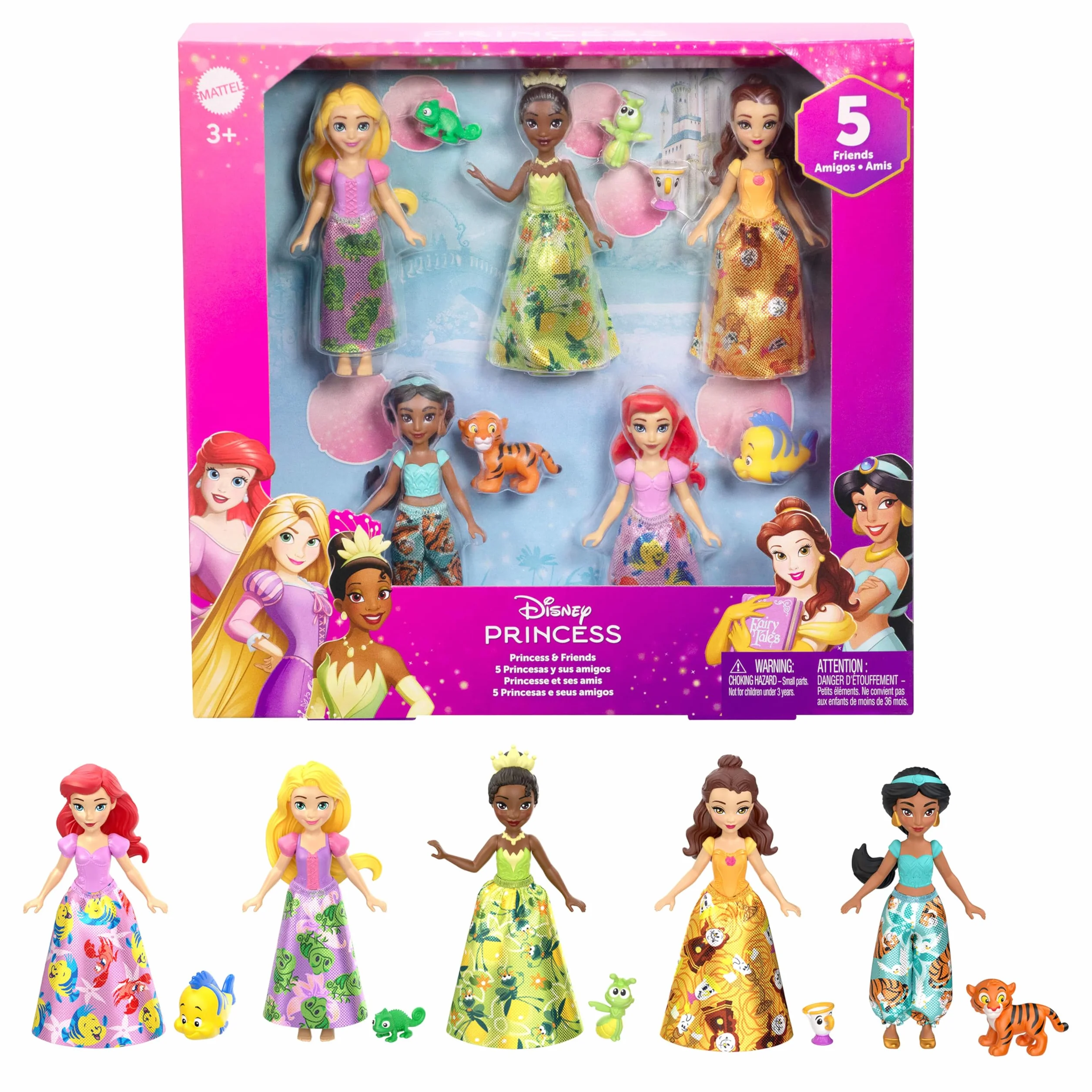 Mattel Disney Princess - Principessa e Amico Multipack, set con 5 mini bambole snodate e 5 personaggi amici abbinati, ispirati ai film Disney, giocattolo per bambini, 3+ anni, JBL33