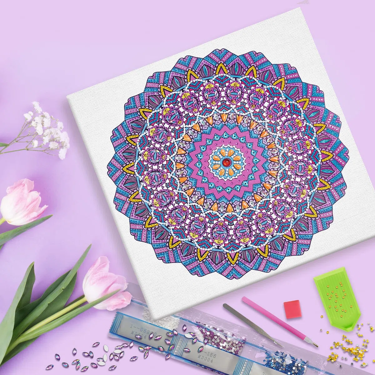 Ursus 43520008F - Diamond Painting Mandala Set 8, set artigianale con tela e pietre nei toni del viola, rosa e blu