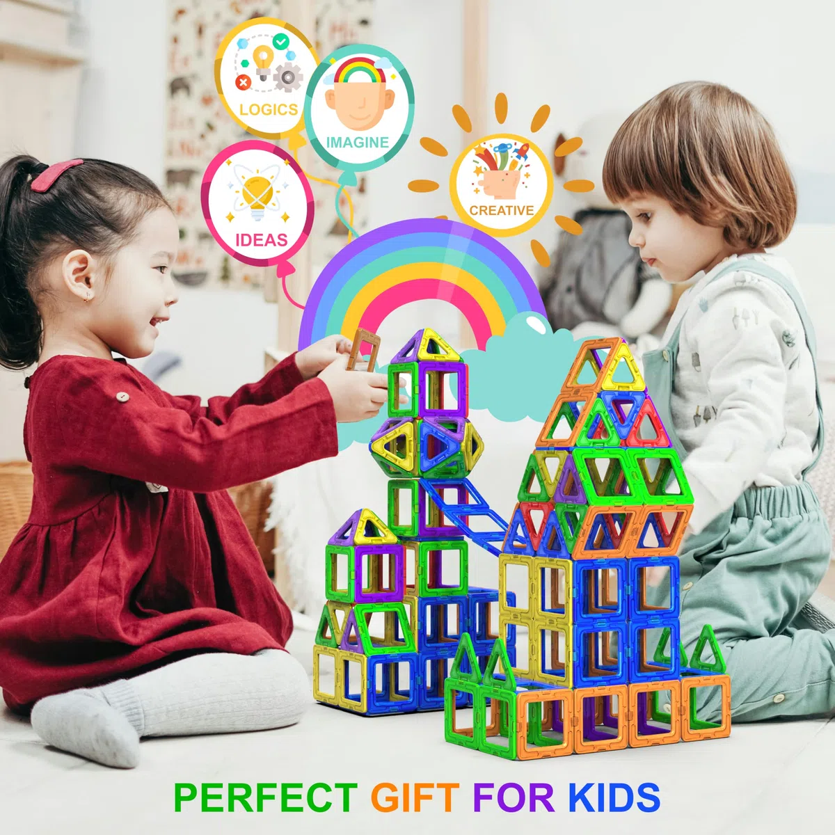 Desire Deluxe 94 PEZZI Costruzioni Magnetiche per Bambini Gioco Educativo e Creativo per Bimbi da 3 Anni Plastica ABS Alimentare Atossica 94 Blocchi Magnetici con Angoli Smussati Diverse Forme