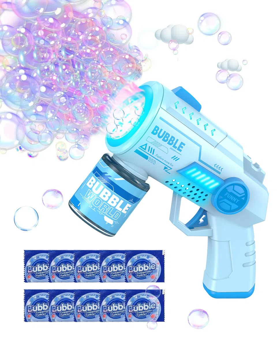 Pistola a Bolle per Bambini, Automatica Macchina di Sapone con 10 Pezzi Particella Concentrata a Bolla, 6000 + Bolle/Min, Luce LED, Estate per Festa/Spiaggia/Compleanno/Matrimonio(Blu)