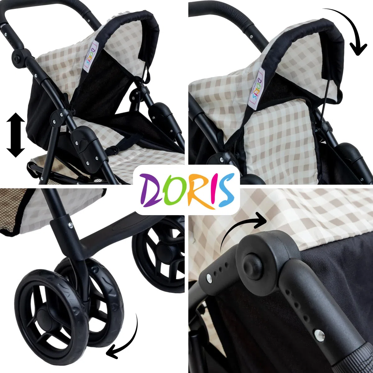 Doris - Passeggino per bambole Passeggino - Passeggino per bambole - Ruote girevoli, maniglia regolabile, cabina pieghevole, leggero e stabile, regalo perfetto per una bambina