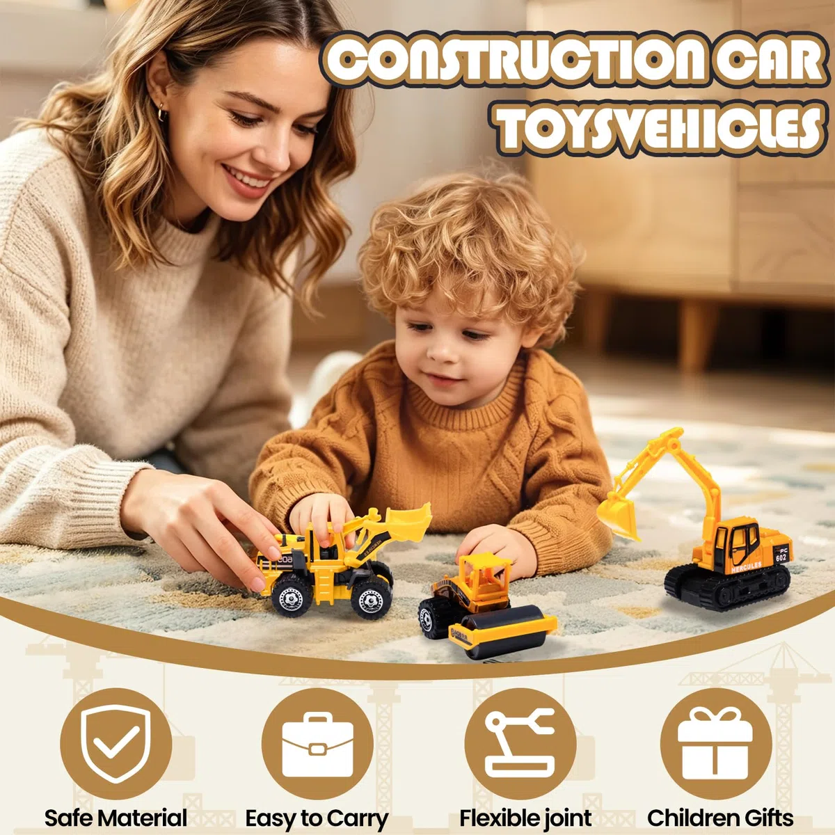 Oriate Veicoli da cantiere, set da 6 pezzi, bulldozer, carrello elevatore, escavatore e altre auto giocattolo educative per interni ed esterni, mini modelli di auto, regalo per la festa dei bambini
