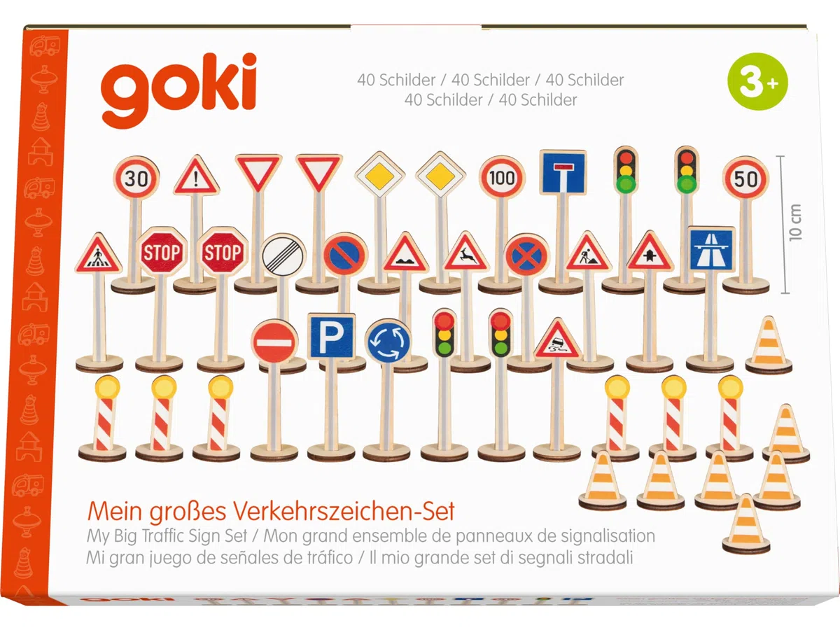 goki 53761 – Il mio grande set di segnali stradali, set di 40 segnali stradali in legno, gioco educativo per bambini a partire dai 3 anni