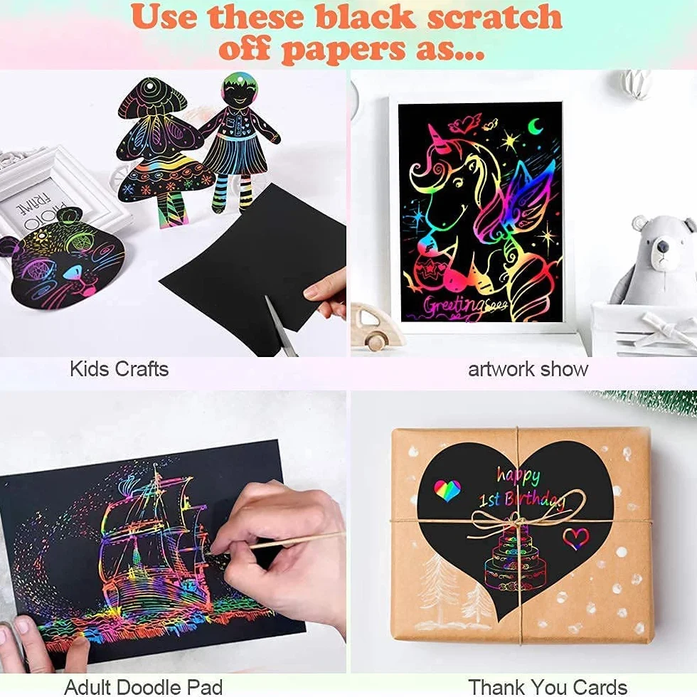 Mocoosy 60Pcs Scratch Art Bambini, Arcobaleno carta da grattare Set di pittura con 4 stencil 5 stilo in legno, giocattoli attività Bambini Regalini Fine Festa, regali di compleanno per ragazzi ragazze