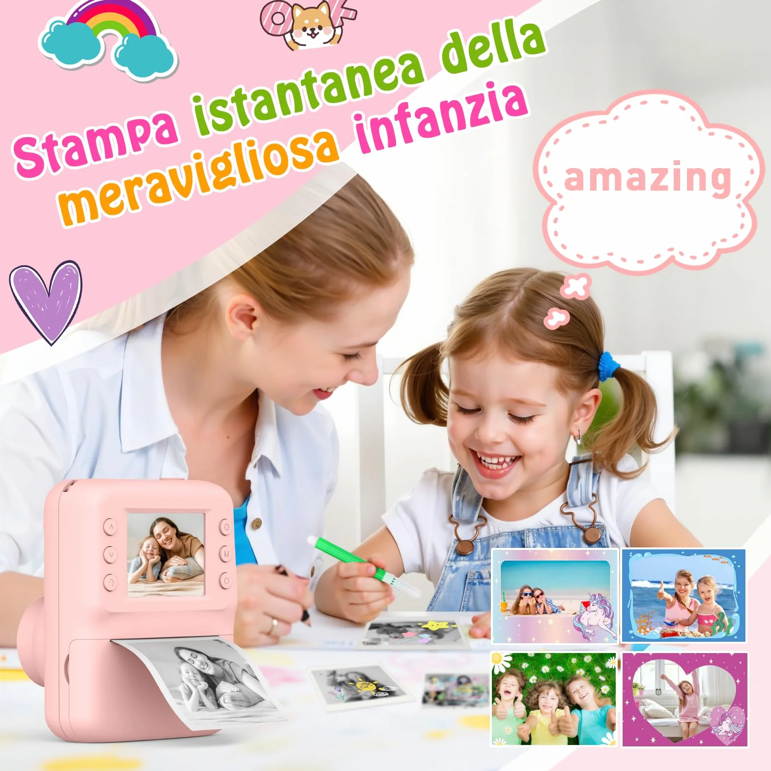 Macchina Fotografica Bambini Istantanea, 2.4" HD Fotocamera Bambini Regalo Bambina 3-10 Anni Macchina Fotografica Digitale Giochi Bambina 3-8 Anni Fotocamera Istantanea Regalo Natale