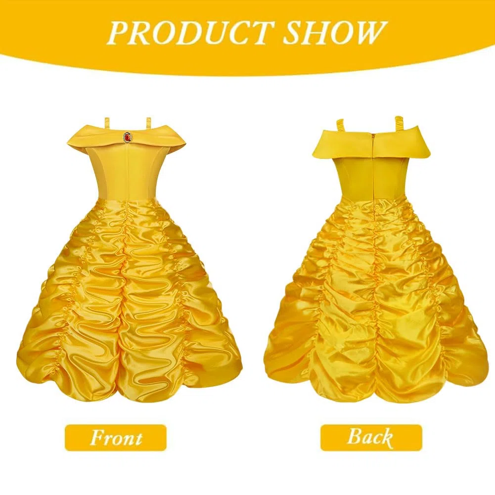 Vicloon Belle Cosplay Costume, Principessa Belle Carnevali Costume Vestito da Ragazza con Principessa Corona, Principessa Bacchetta, Festa di Compleanno Natale Holloween Cosplay Party, 130CM