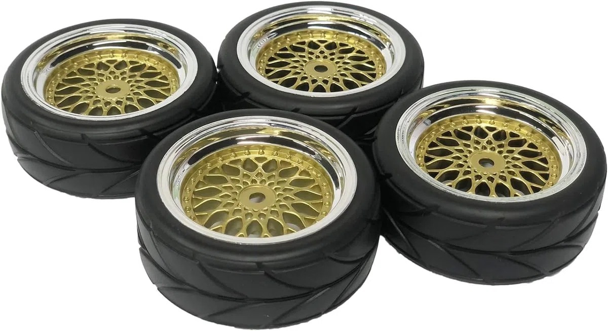 Set di pneumatici e ruote per auto RC, KINGCOO 4 pezzi pneumatici in gomma da 64mm con ruote rivestite in plastica esagonali da 12mm per 1/10 RC On-Road Run-Flating Touring Racing Auto (Oro Argento)