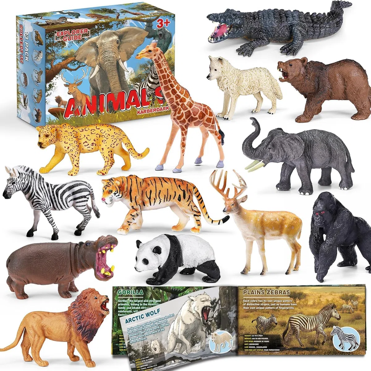 Confezione da 13 Giocattoli Animali Selvatici con Libretto Educativo e Scatola Regalo, Figure Realistiche di Animali Safari per Bambini, Figure in Plastica per Bambini 1–3 Anni, Regalo per Feste di Co