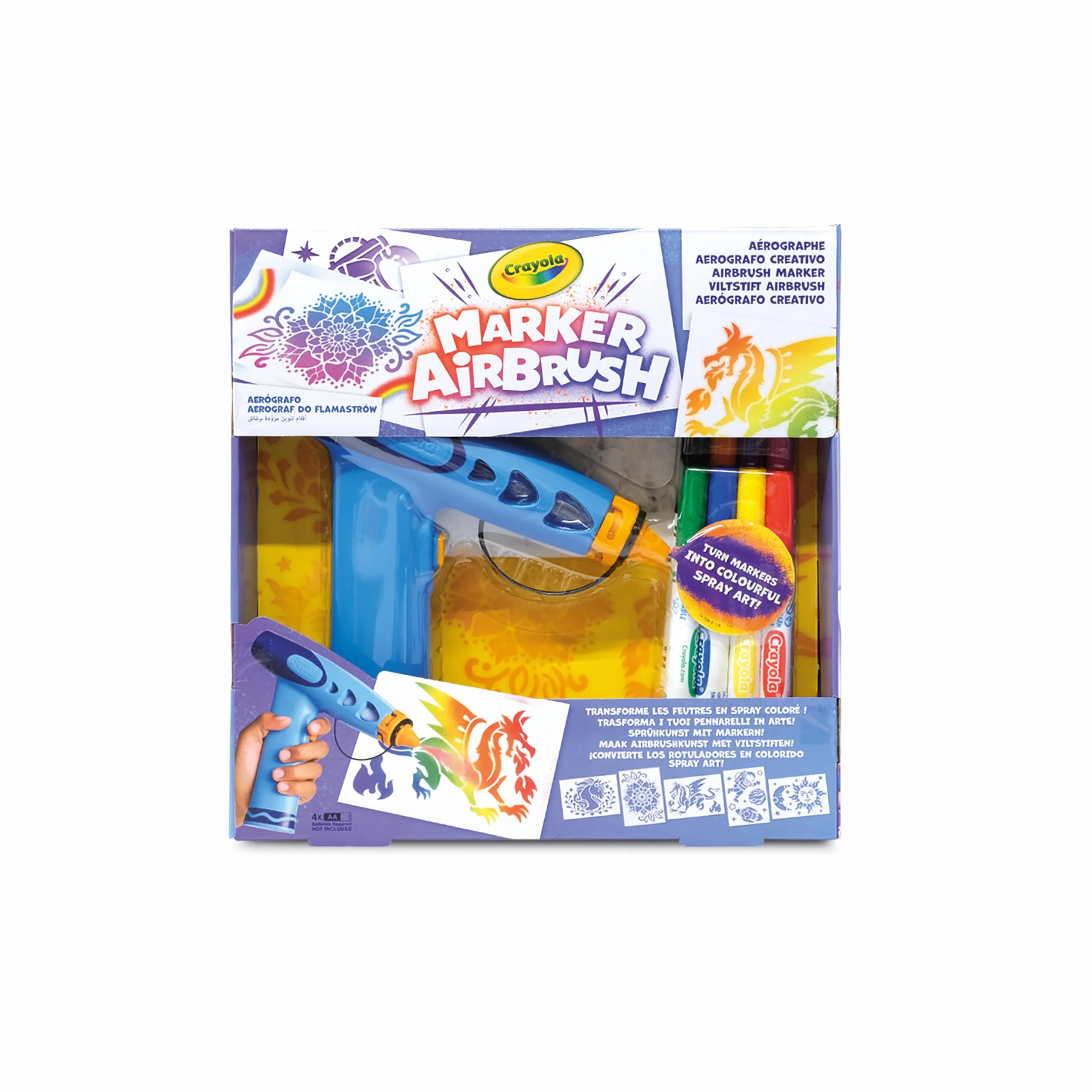 CRAYOLA Marker Airbrush - Aerografo Creativo per Bambini con 8 Pennarelli Lavabili e 5 Stencil, Giocattolo Educativo per Attività Artistiche, da 6 anni, 74-7696