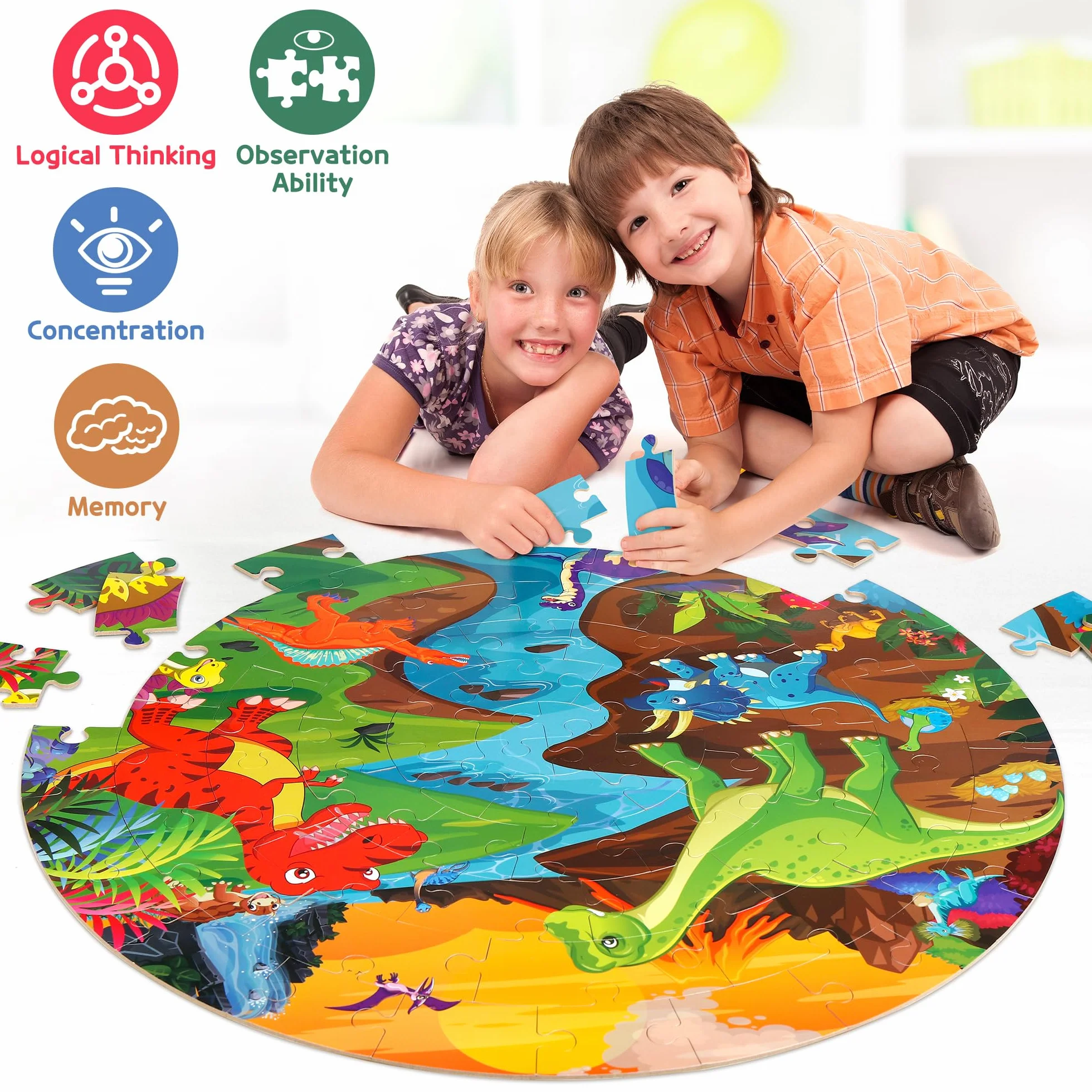 SYNARRY Puzzle da Pavimento Dinosauri in Legno Bambini 3 4 5 6 7 8 Anni, 70 Pezzi Puzzle Dinosauri, Giocattoli Educativi Prescolari Regali