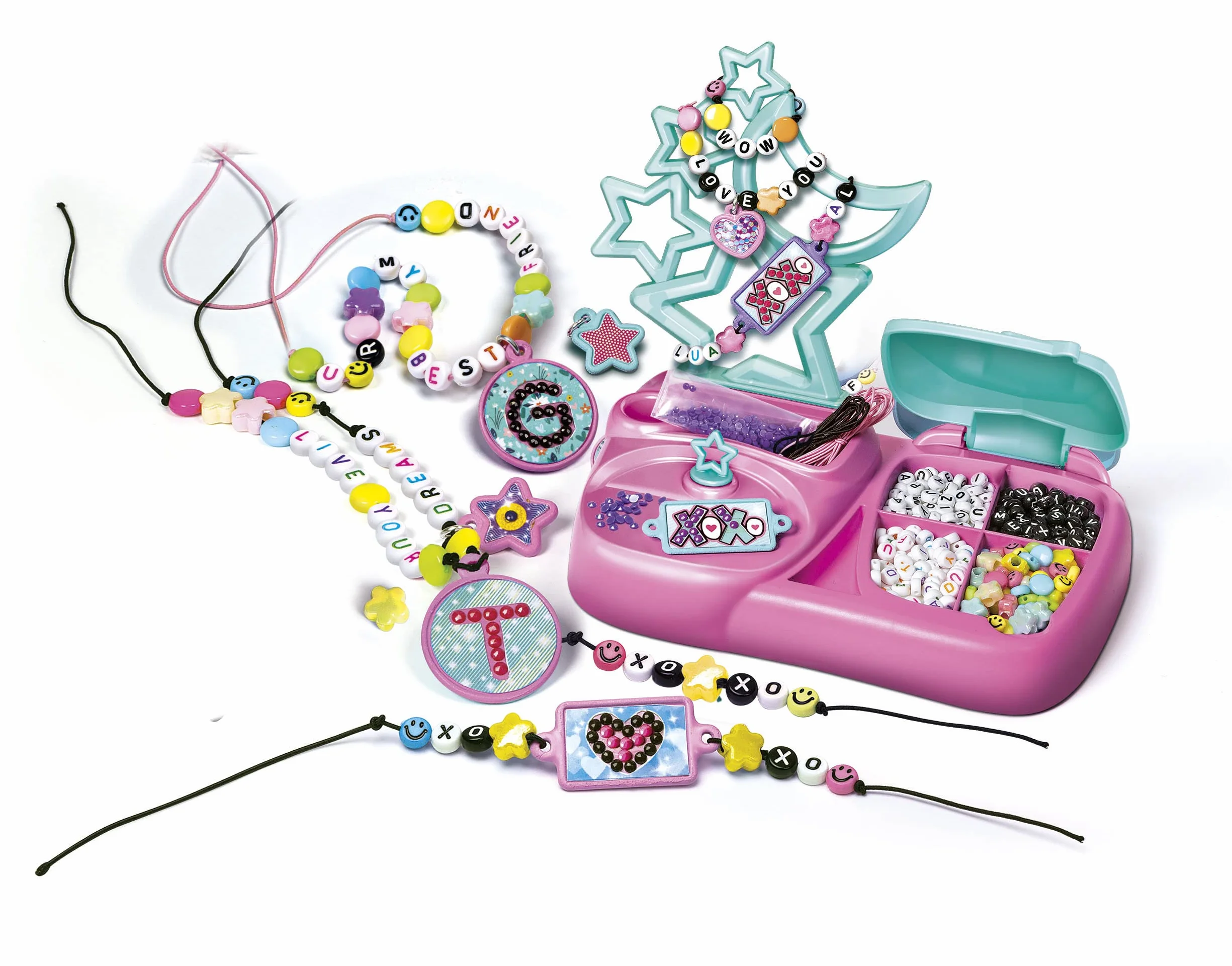 Clementoni Crazy Chic - Message Creations, Giochi Creativi Bambini 7+ Anni, Kit Creativo per Realizzare Braccialetti e Collane Personalizzati con Lettere, Perline e Gemme, Made in Italy, 18729