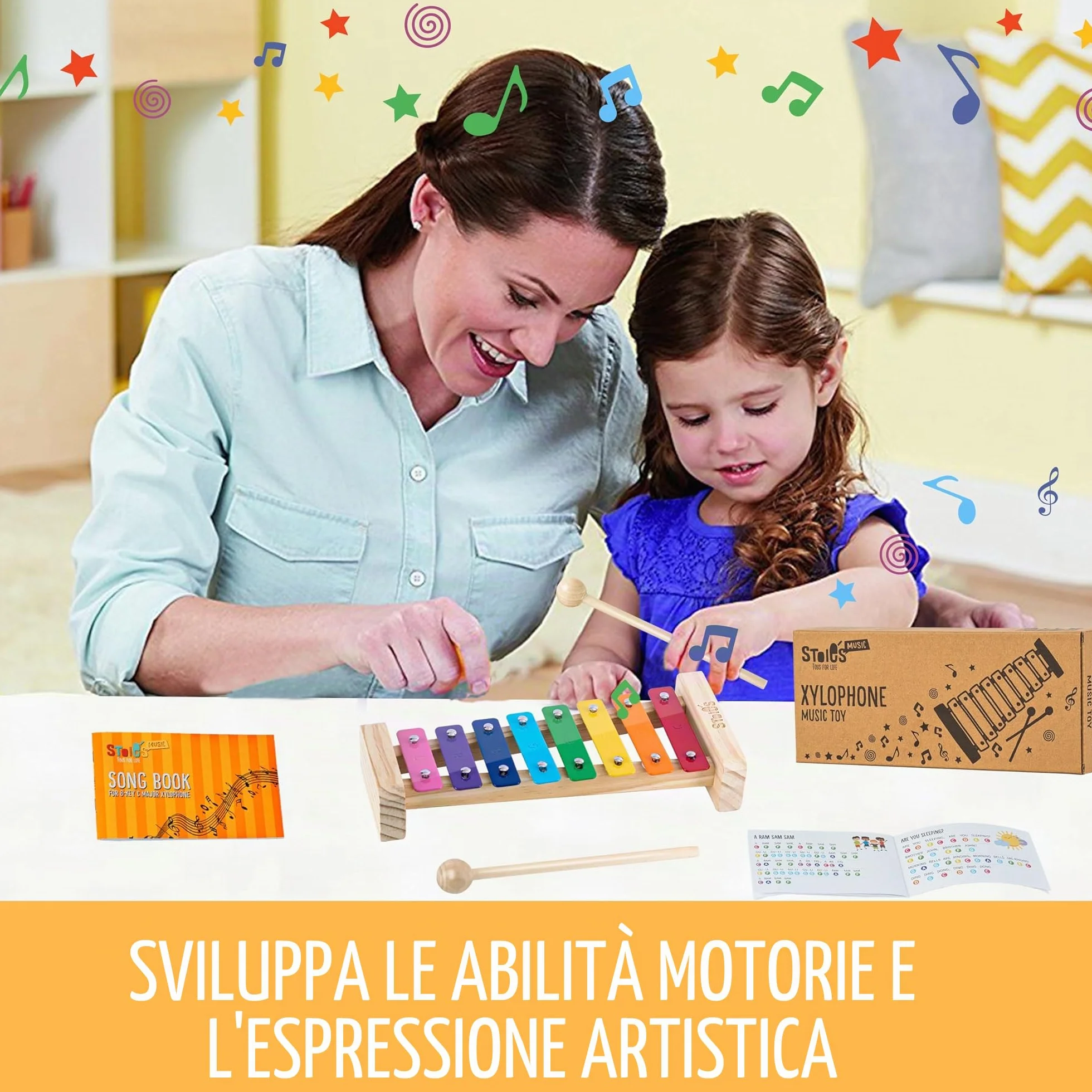 Xilofono in Do maggiore 8 tasti con le bachette in legno, per bambini e adulti, facile da suonare, libro di canzoni incluso