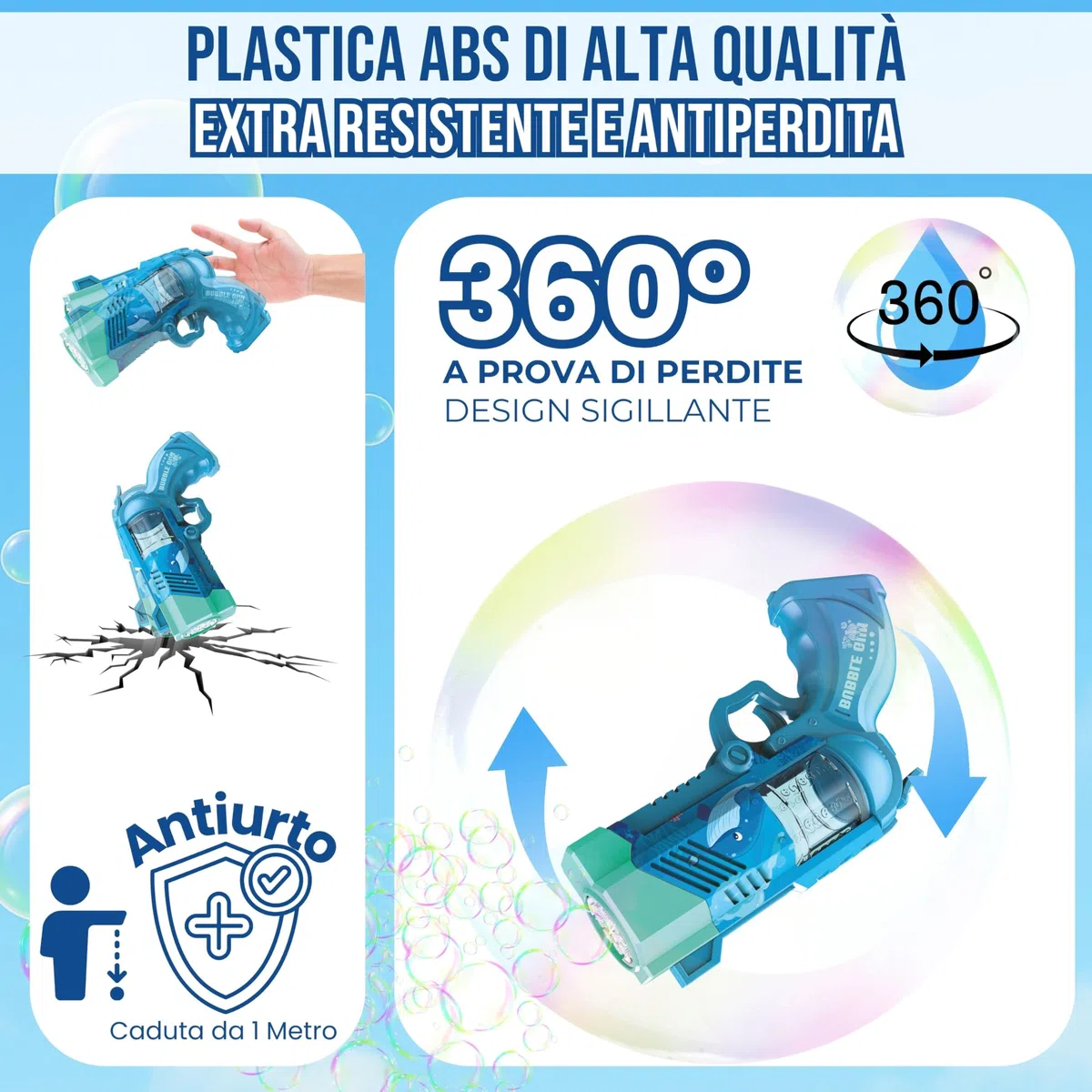 Blubbel Sparabolle di Sapone LED, Pistola Giochi, Macchina Automatica, Bubble Gun, Cannone d’Aria, Giocattolo Matrimonio, Regalo Estivo Bambini, 120ml Liquido Incluso