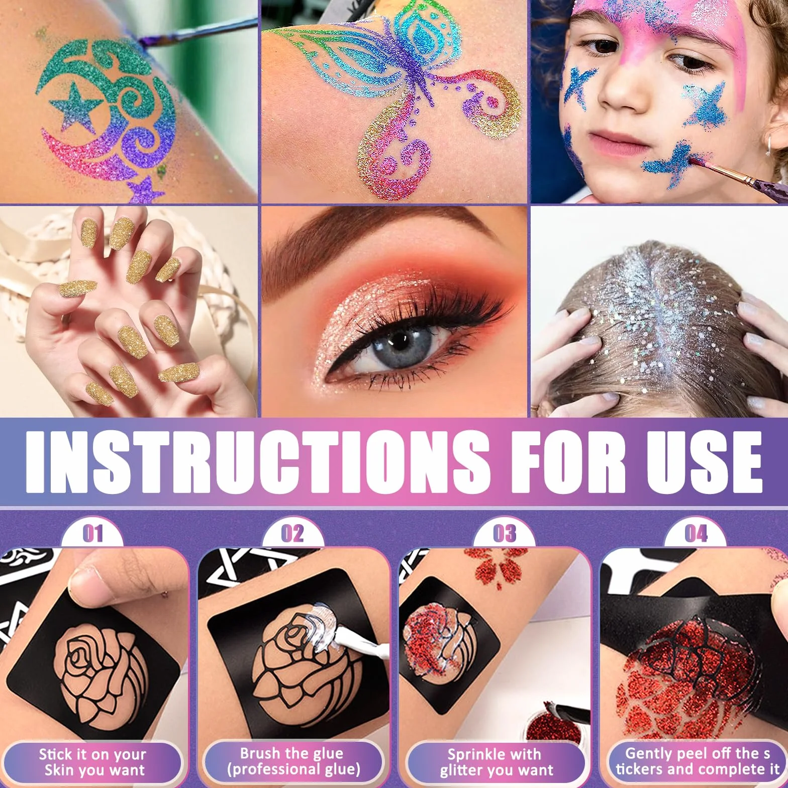 FAMKEEP Set Tatuaggi Glitter,42 Colori Tatuaggi Kit,223 Stencil, 5 Pennelli, 3 Colla,Tatuaggi Impermeabili Kit Tatuaggi Flash per Ragazzi, Ragazze e Festa,Regali per Natale e Carnevale