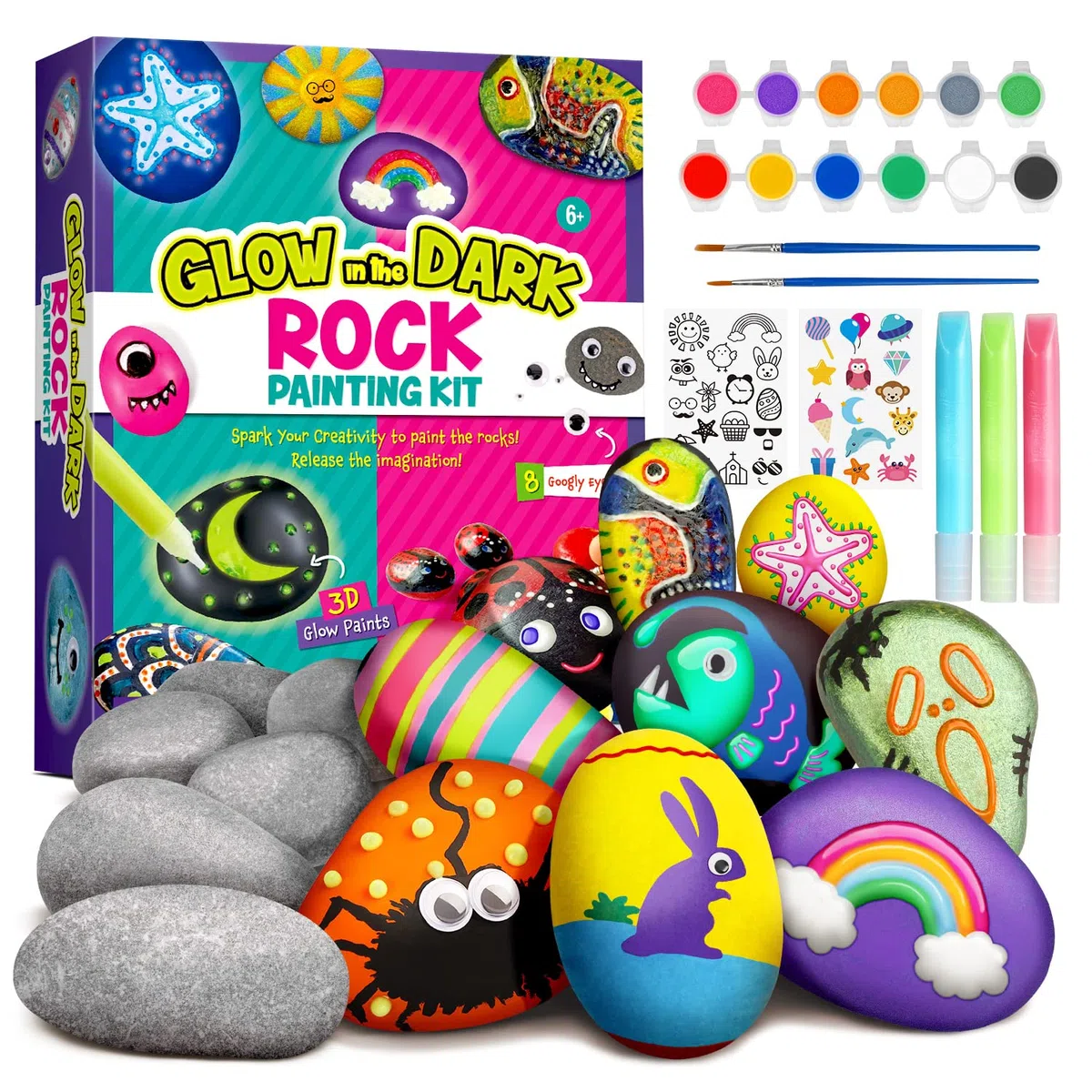 Dr.Daz - Kit Creativi Pittura di pietra Bambini 15 Colori per Bambini-Pigmenti Colorati Che Brillano al Buio con una Varietà di Accessori Creativi-Giochi Creativi Bambina 6 7 8 9 10 Anni