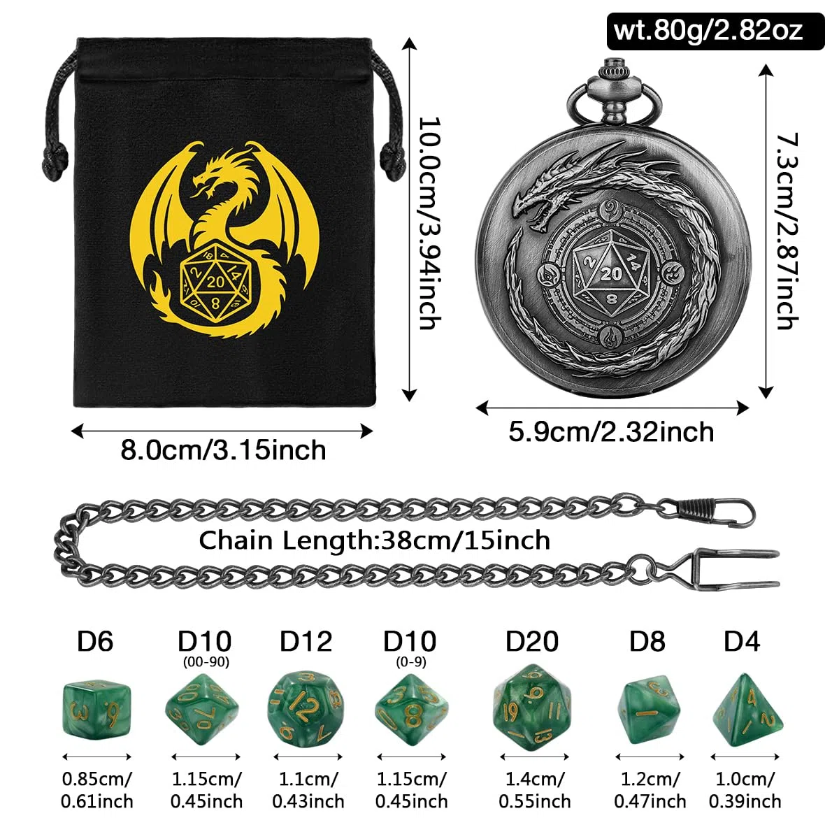 D&D - Set di 7 dadi poliedrici in acrilico poliedrico, con logo del drago, accessori per giochi di ruolo, colore argento scuro e verde