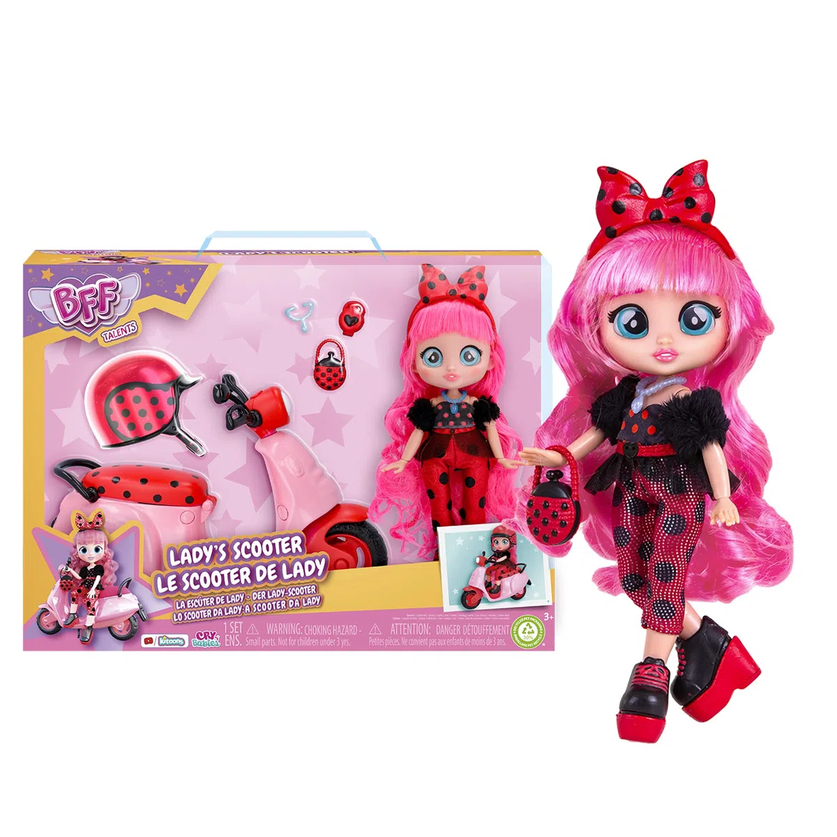 Bff By Cry Babies Lady, Playset Dolls la Bambola Bff Lady Ha il Suo Scooter e 10 Accessori, Giocattolo Bambine e Bambini +3 Anni