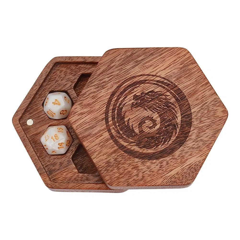 BENECREAT Scatole Magnetiche per Dadi in Legno di Noce, Scatola Esagonale per Dadi da Gioco Poliedrici, Giochi di Ruolo e Giochi da Tavolo, Marrone Cocco