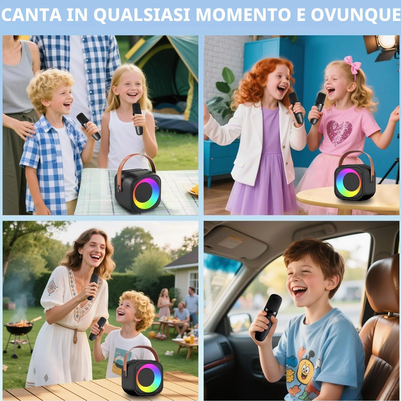 Karaoke Bambini con 2 Microfoni, Microfono Karaoke per Bambini e Adulti con Luce LED, Macchina Karaoke Portatile con Effetti di Cambio Voce, Regali per bambini da 3 a 12 anni