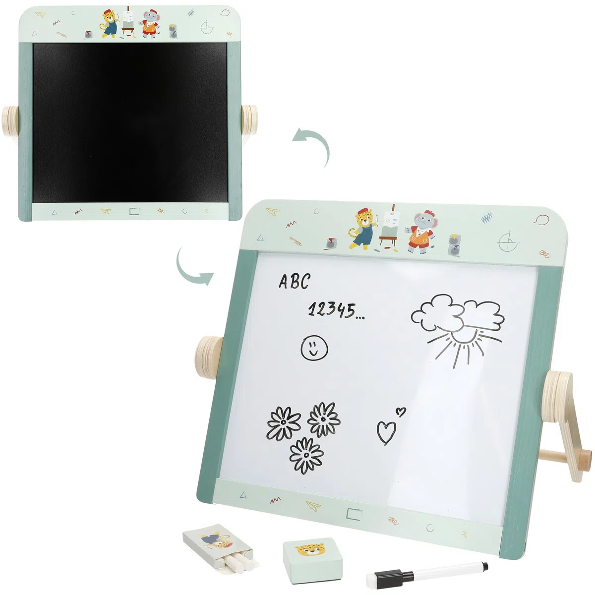 WOOMAX Lavagna Doppia Faccia in Legno, Pennarello e gessi, Cancellino, Piedini Mobili, Bordi Arrotondati, Certificato FSC, 40x27x32 cm, +3 anni, Lavagne per Bambini, Giocattoli Educativi (39250)