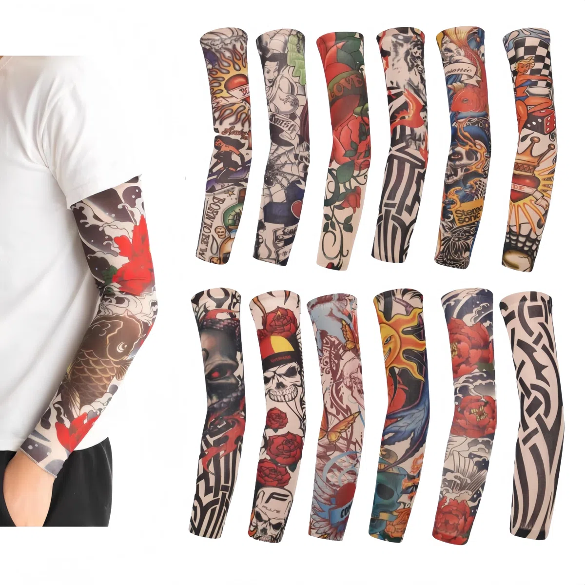 12 Pezzi Tatuaggi Maniche Copertura Arte Braccio Finto Tatuaggio Maniche Copertura Per Uomini Donne Nylon Manica Braccio Calze Elastiche Biker Sleevelet Halloween Tatuaggio Hip Hop Sun Block