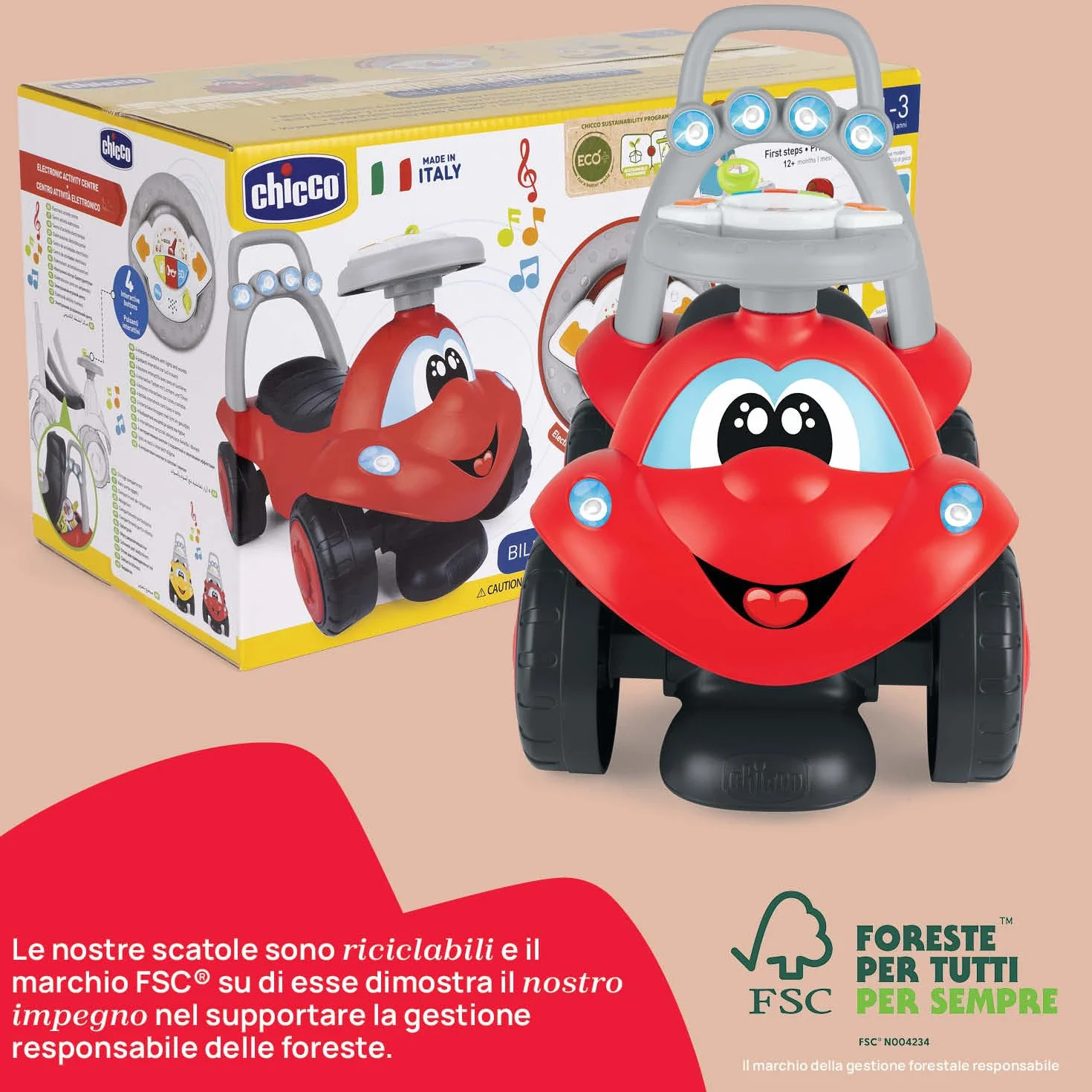 Chicco Billy Walk&Ride Eco+, Primi Passi, Girello e Cavalcabile, Assemblaggio Semplice, Manubrio Ergonomico, Ruote Larghe, Con Suoni e Luci di Guida, in Plastica Riciclata, Bambini 12-36 Mesi, Rosso