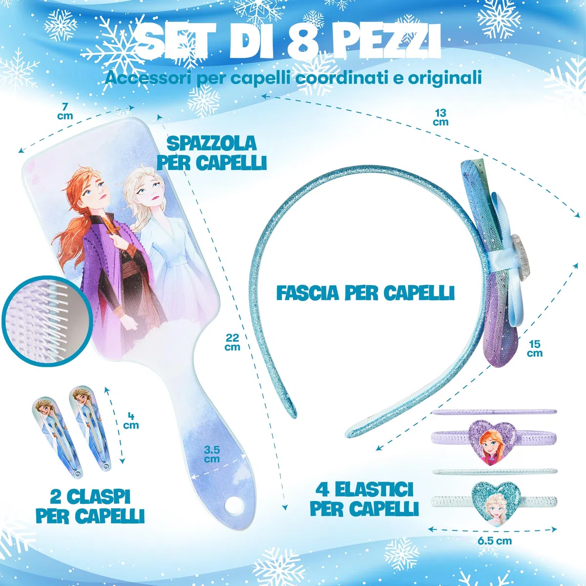 Frozen - Elsa e Anna - Kit Set Accessori per Capelli - Spazzola,Cerchietto, Mollette - Costume da Principessa - Idee Regali Regalo per Bambina e Ragazza