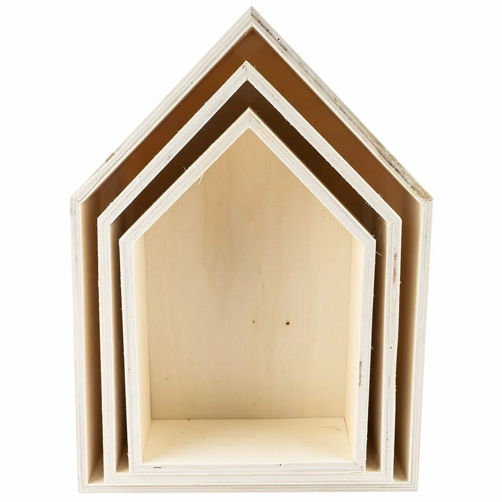 Set di cornici in legno a forma di casa, 3 pezzi, scatola in legno a forma di casa, mensola da parete, scaffale, decorazione da parete, per bricolage e dipingere, 3 diverse misure