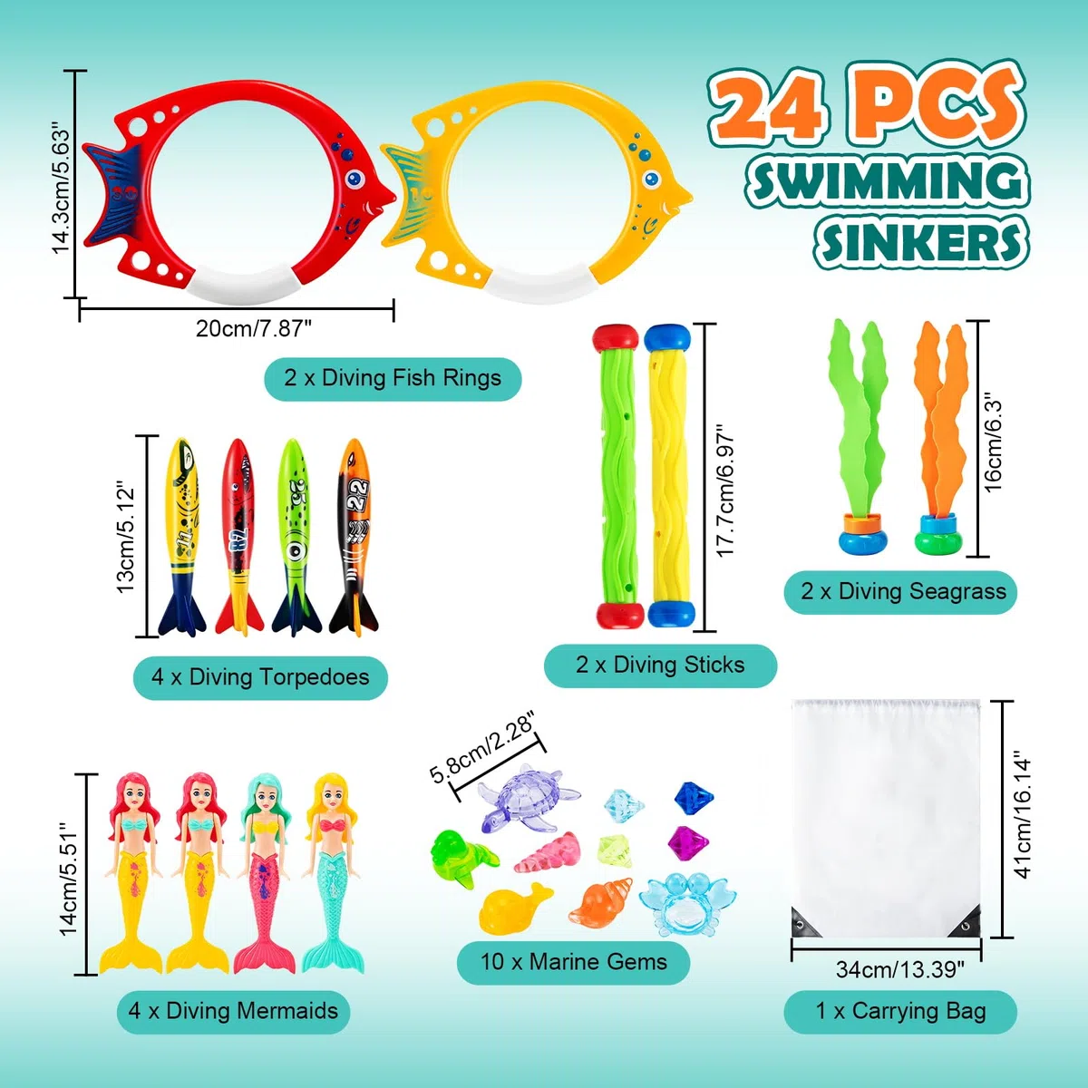 Mactoou Giocattoli da Immersione, 24 Pezzi Giochi Piscina Bambini, Immersioni per Nuoto Gemme per Giocattoli Subacquei, Giochi Acqua Regalo con Borsa per Bambina Bambini
