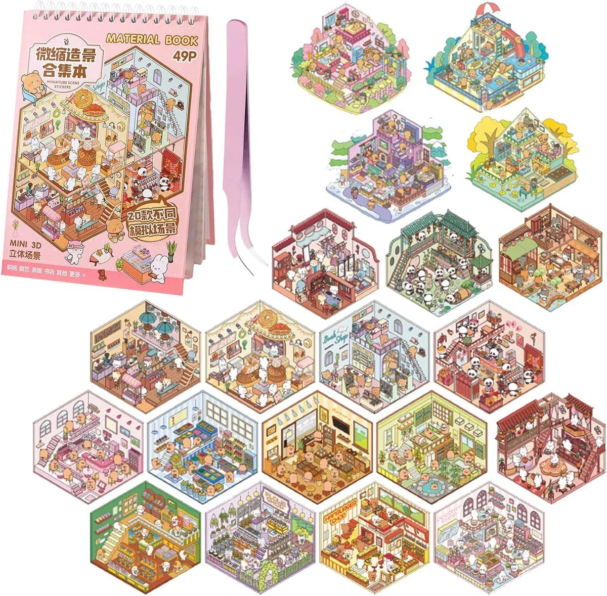 20 Set Adesivi di Scena, Adesivi 3d Adorabili Adesivi 3D Stress Sollievo Con Una Pinzetta,3D Sticker Kit di Adesivi per Casa in Miniatura per Adulti, Bambini