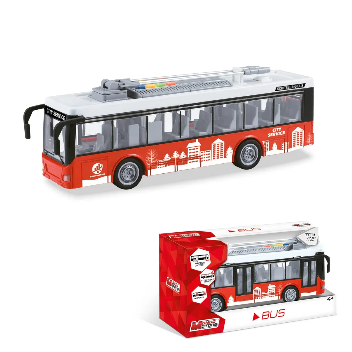 MONDO Motors - Friction BUS - Bus City Service con retrocarica frizione pull back per bambini, rosso - 51238