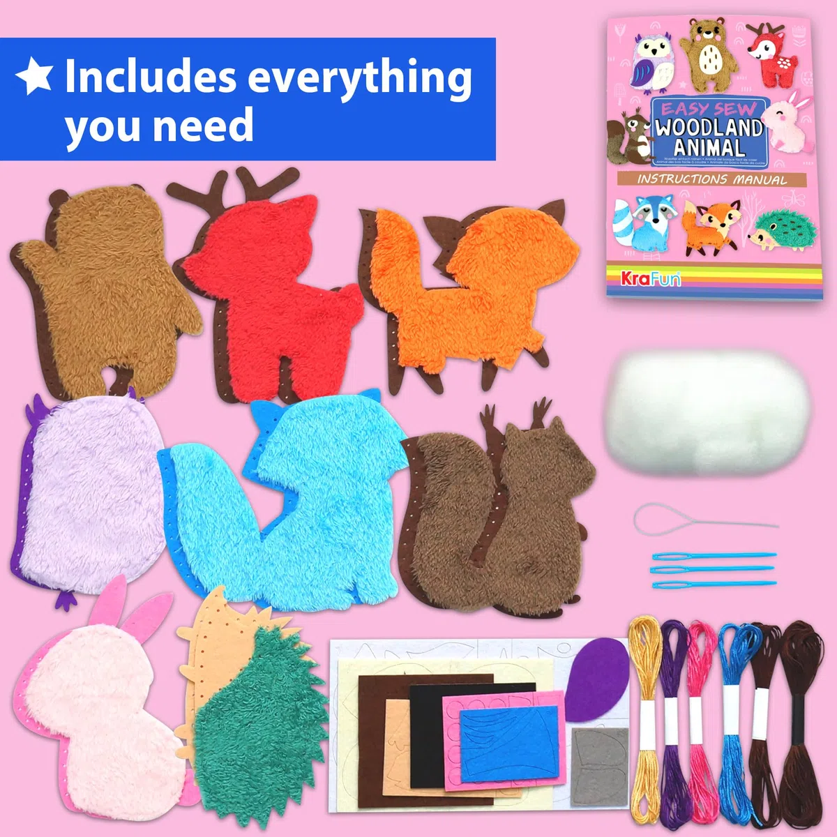 KRAFUN Kit da Cucito Animali del Bosco per Bambini 5+ Anni, 8 Progetti Fai da Te (Orso, Coniglio, Volpe, Gufo, Cervo), Feltro, Istruzioni, Giocattolo Educativo