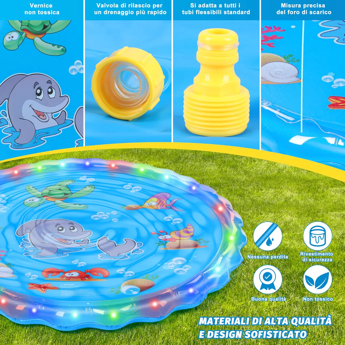 IEEILULU Tappetino Gioco d'Acqua per Bambini, 170cm Splash Pad, Giardino Estivo All'aperto Spray Acqua Giocattoli per Bambini (Blu)