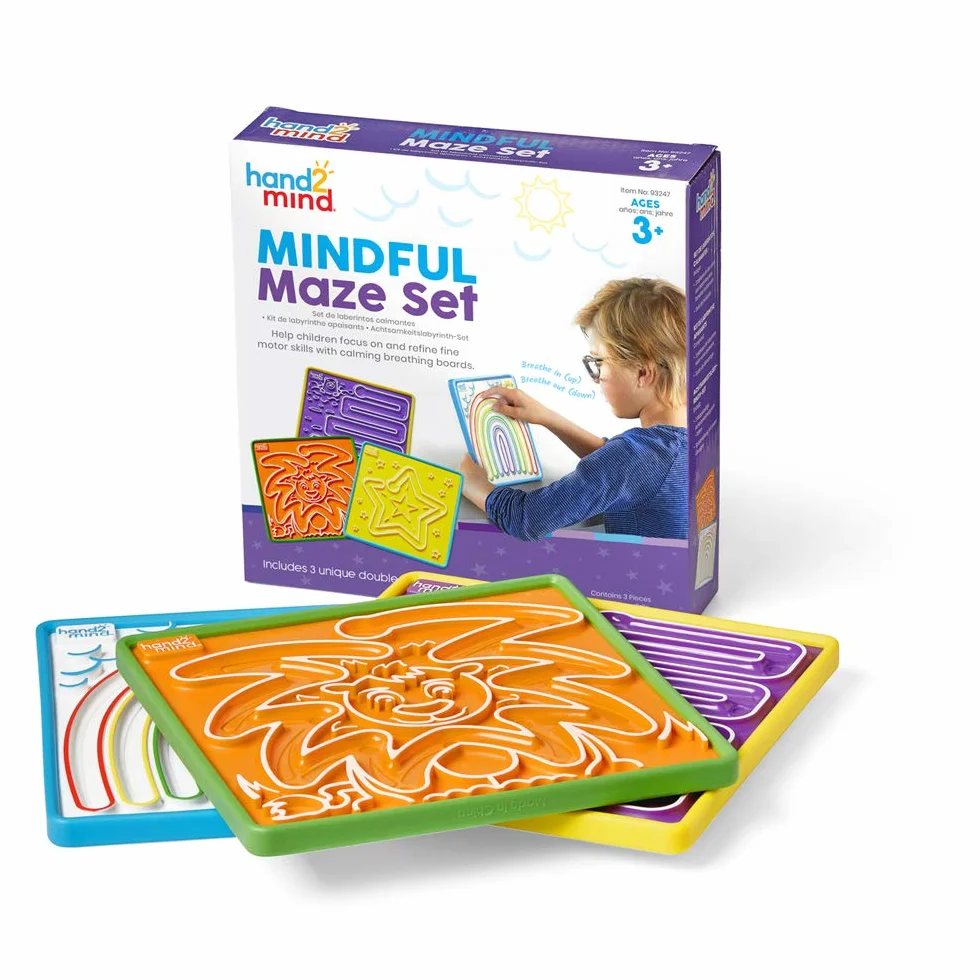 Learning Resources Set da 3 Labirinti della consapevolezza , Tavolette per la respirazione double-face da seguire con le dita, Mindfulness per bambini, Giocattolo di apprendimento socio-emotivo