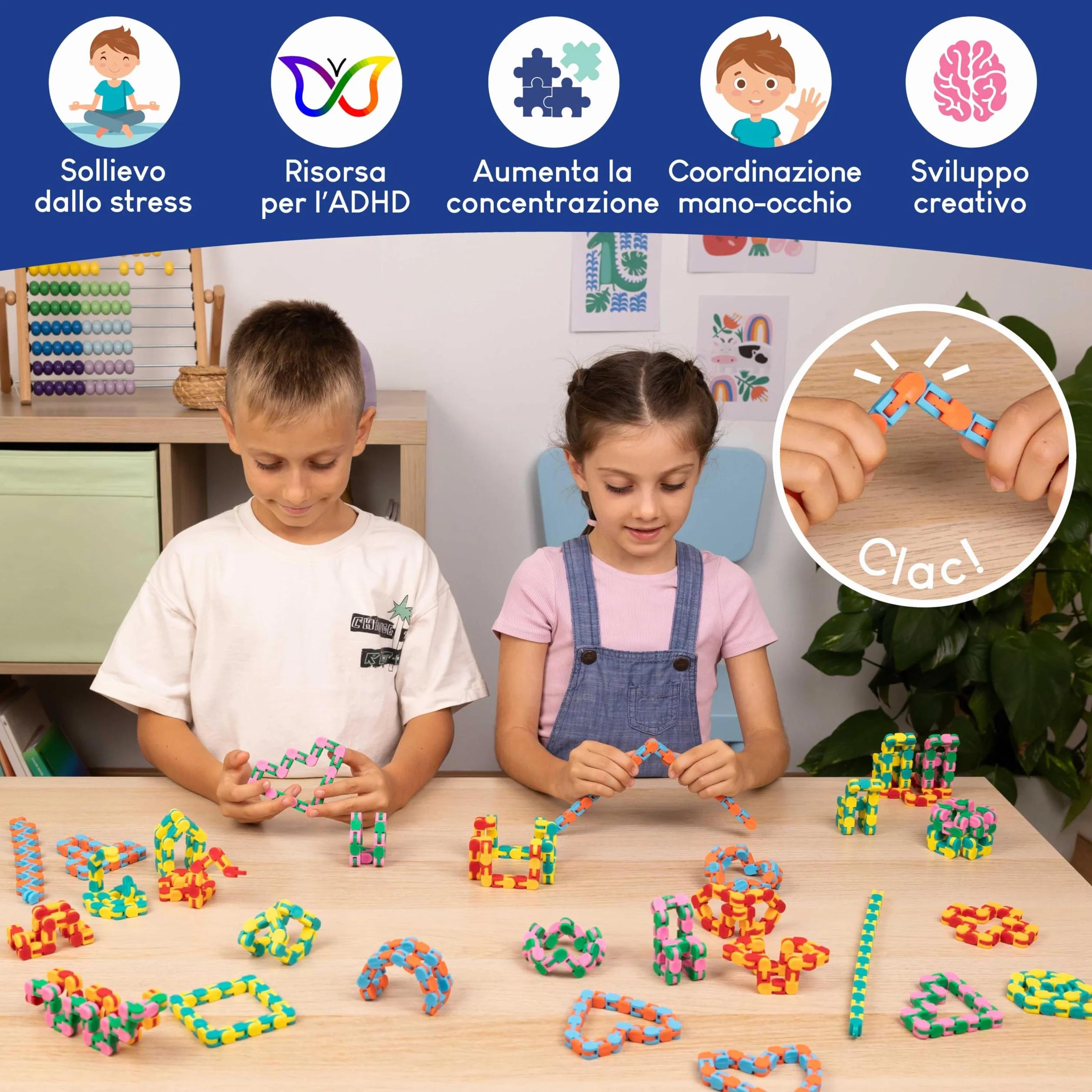 BONNYCO Wacky Tracks Confezione da 40 Catene Click 27 cm Antistress per Bambini 3-12 Anni. Gadget Compleanno Bambini, Fidget Toys, Regalini di Classe e Giochi Sensoriali Autismo