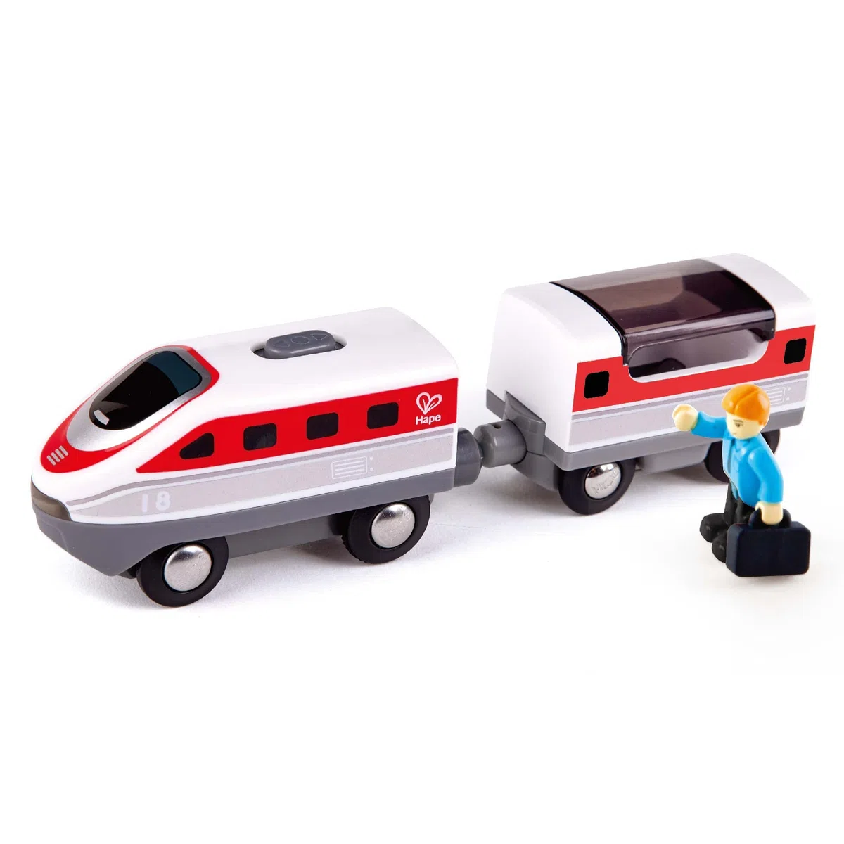 Hape Treno Intercity a batteria - Moderno trenino passeggeri bianco e rosso con tetto apribile per bambini dai 3 anni in su