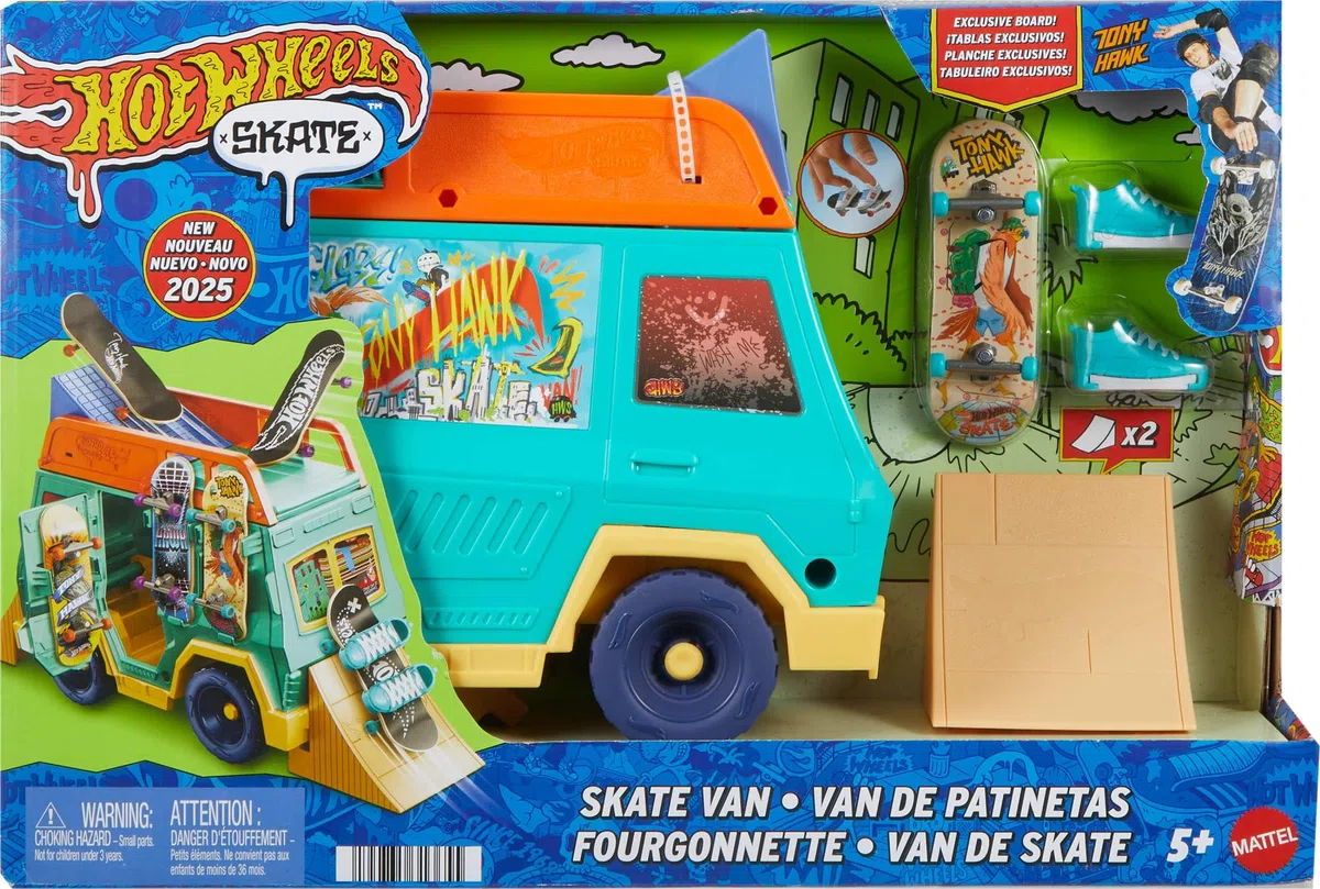 Hot Wheels Skate - Skate Van, set con veicolo, fingerboard e scarpine da skate rimovibili inclusi, realizzato in collaborazione con Tony Hawk, giocattolo per bambini, 5+ anni, JGG91
