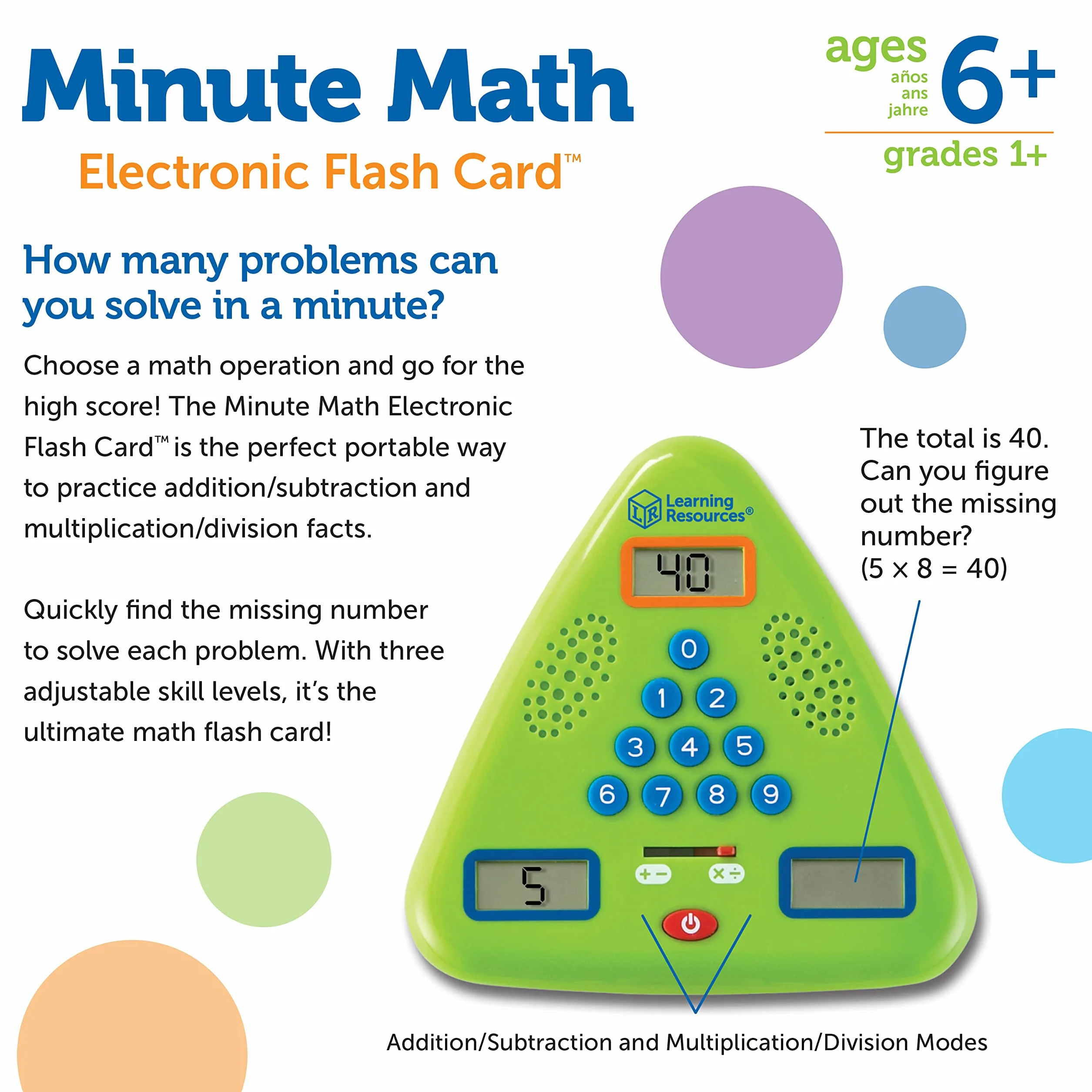 Learning Resources Flash Card Elettronica Minute Math, Dai 6 Anni, Gioco di Matematica Portatile, Addizioni, Sottrazioni, Moltiplicazioni e Divisioni, Allenamento Mentale in 60 Secondi
