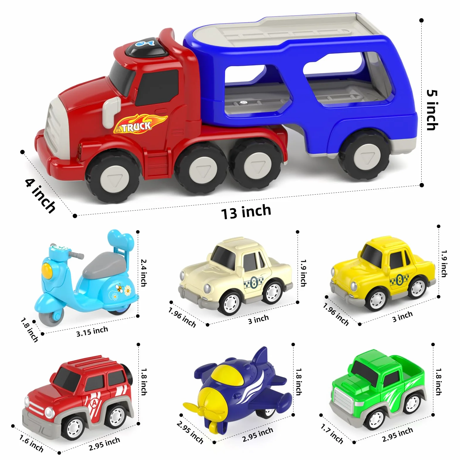 usrela Giocattoli per Bambini di 3 4 5 Anni Ragazzi e Ragazze, Auto Camion Giocattolo con 6 Auto Giocattolo, 7 in 1 Trasportatore Con Luce e Musica, Regalo per Giocattoli Compleanno Natale
