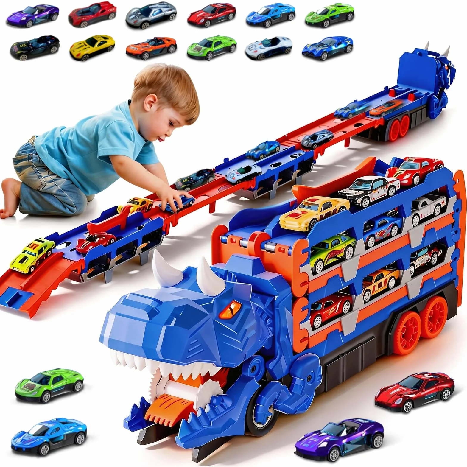 Camion Trasporto Dinosauri, Transporter Truck Macchinine Giocattoli con 12 Auto da Corsa e Pista Pieghevole Camion Trasportatore di Dinosauri Giocattolo Regalo per Ragazzi dai 2 3 4 5 6 7 Anni