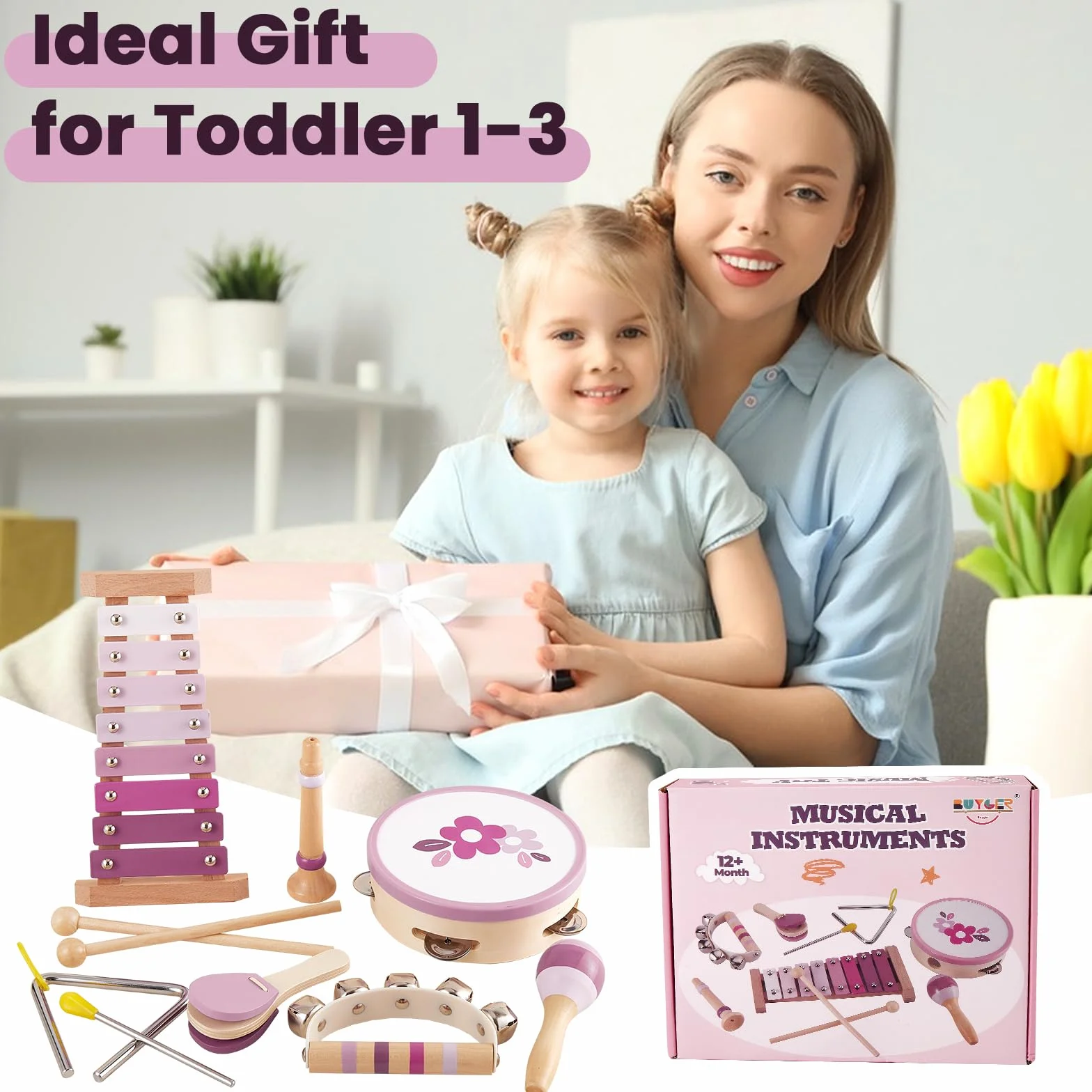 BUYGER Strumenti Musicali per Bambini con Xilofono Tamburi, Giocattolo Musicale Legno, Giochi Montessori 1 + Anno, Regalo per Bebe Bambini Bambina