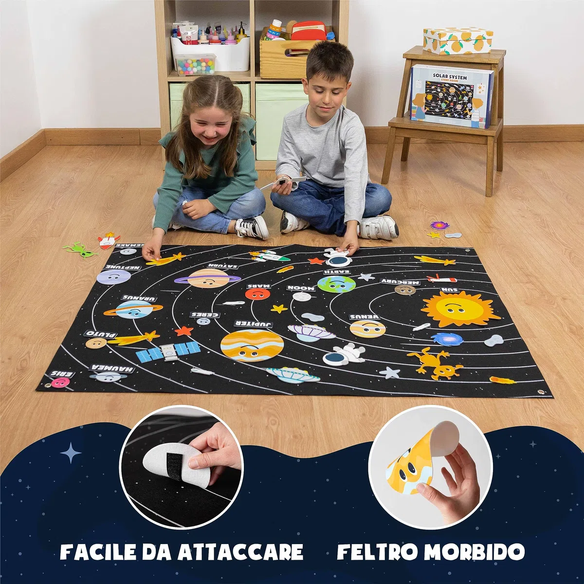 BONNYCO Sistema Solare per Bambini con 61 Figure in Feltro. Pianeti Sistema Solare Bambini, Giochi Bambino Bambina 3 4 5 6 7 8 Anni. Planetario Giochi Educativi Montessori, Regalo Giocattoli Natale