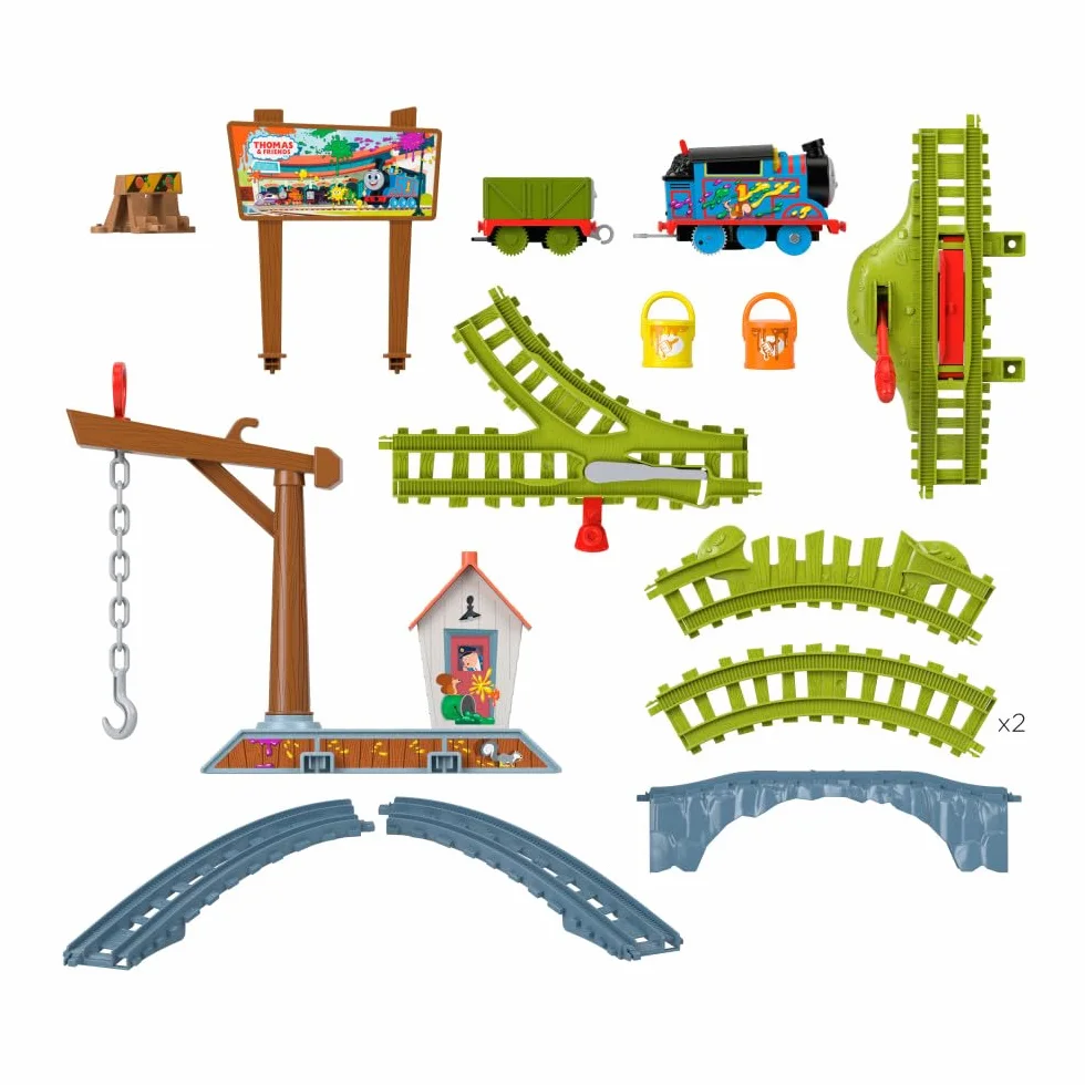 Il Trenino Thomas - Pista Avventure a Colori, playset lungo 1,5 metri con 2 taniche vernice, locomotiva Thomas a pile e Vagone Combina Guai, giocattolo per bambini, 3+ anni, HTN34