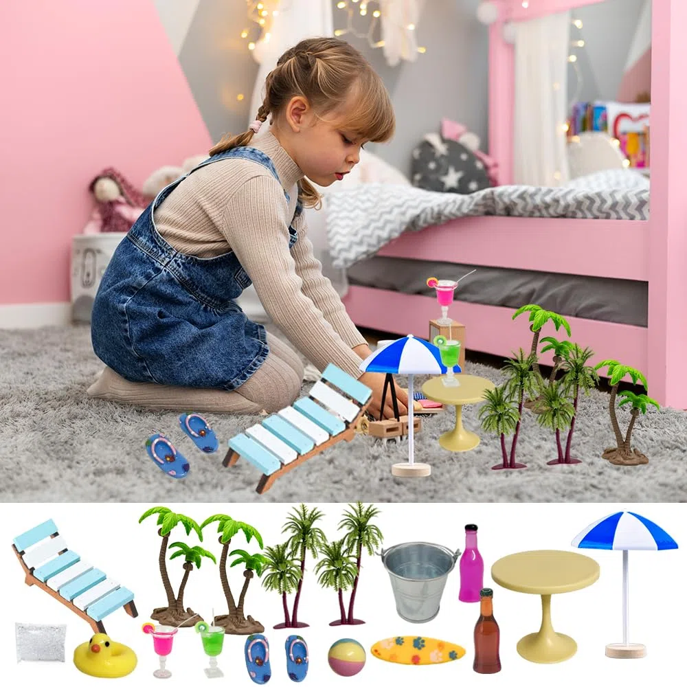Golgner 11 pcs aaccessori decorativi in miniatura per sauna, set di ornamenti in miniatura, micro paesaggio da spiaggia, con mini sedia a sdraio, albero di cocco, per DIY della casa delle bambole